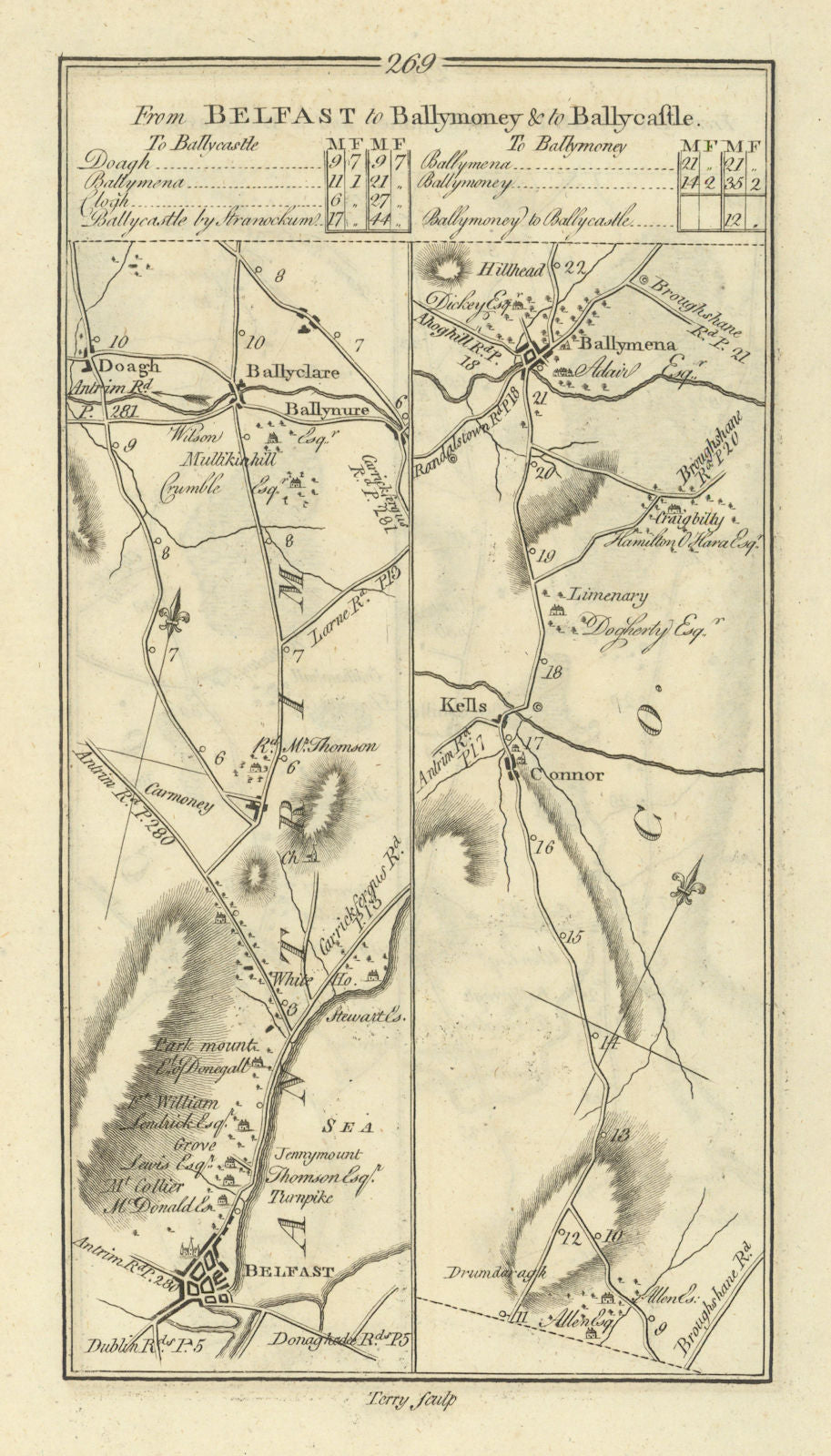 #269 Belfast to Ballymoney. Ballyclare Connor Ballymena. TAYLOR/SKINNER 1778 map