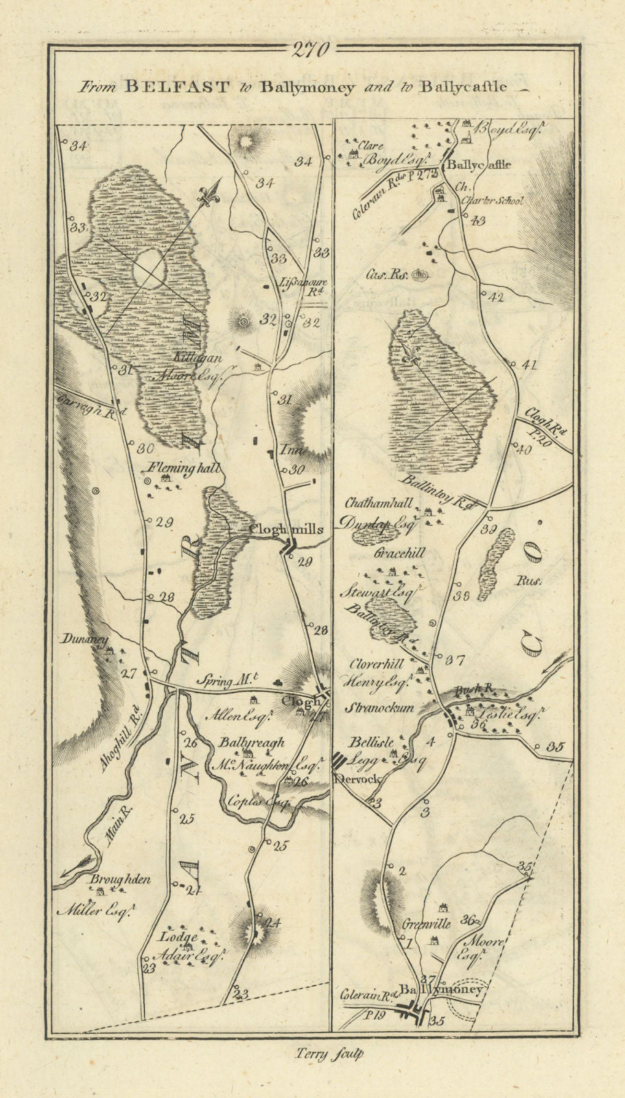 #270 Belfast to Ballymoney & Ballycastle. Cloughmills. TAYLOR/SKINNER 1778 map