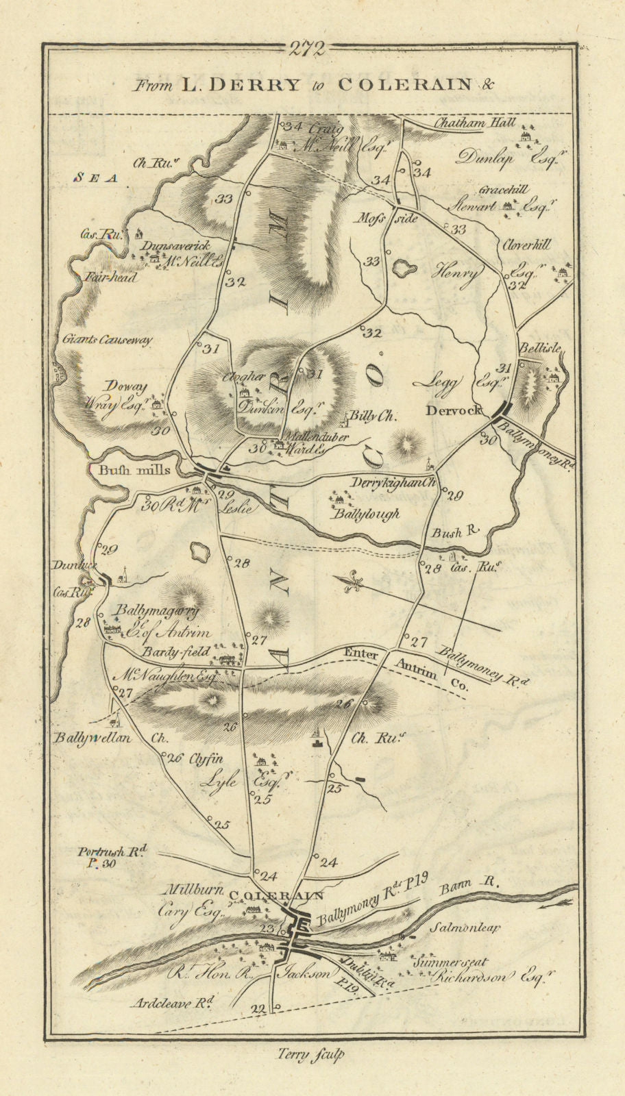#272 Londonderry to Coleraine/Glenarm. Bushmills Dervock TAYLOR/SKINNER 1778 map