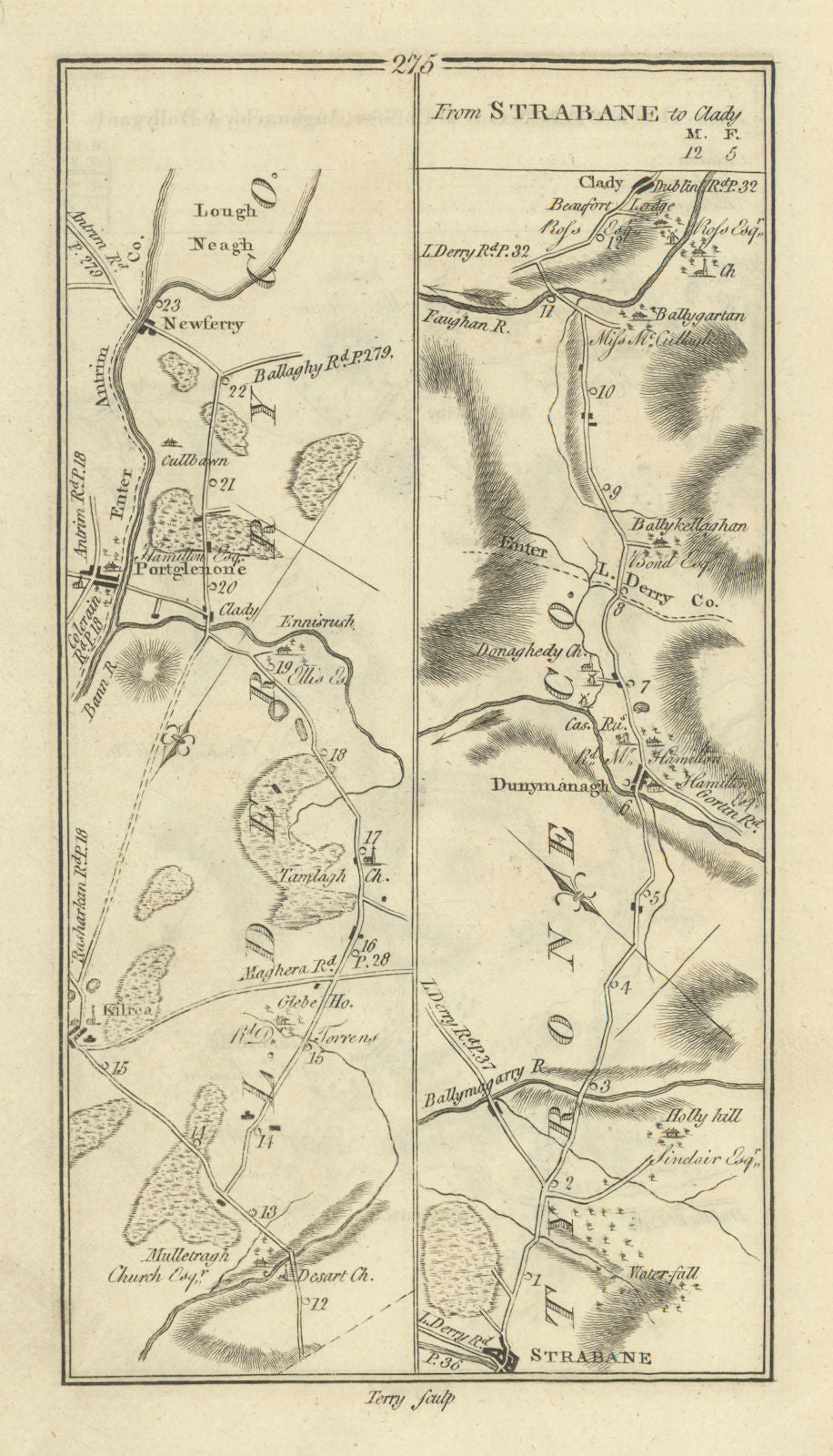 #275 Strabane to Clady. Portglenone Donemana Newferry. TAYLOR/SKINNER 1778 map