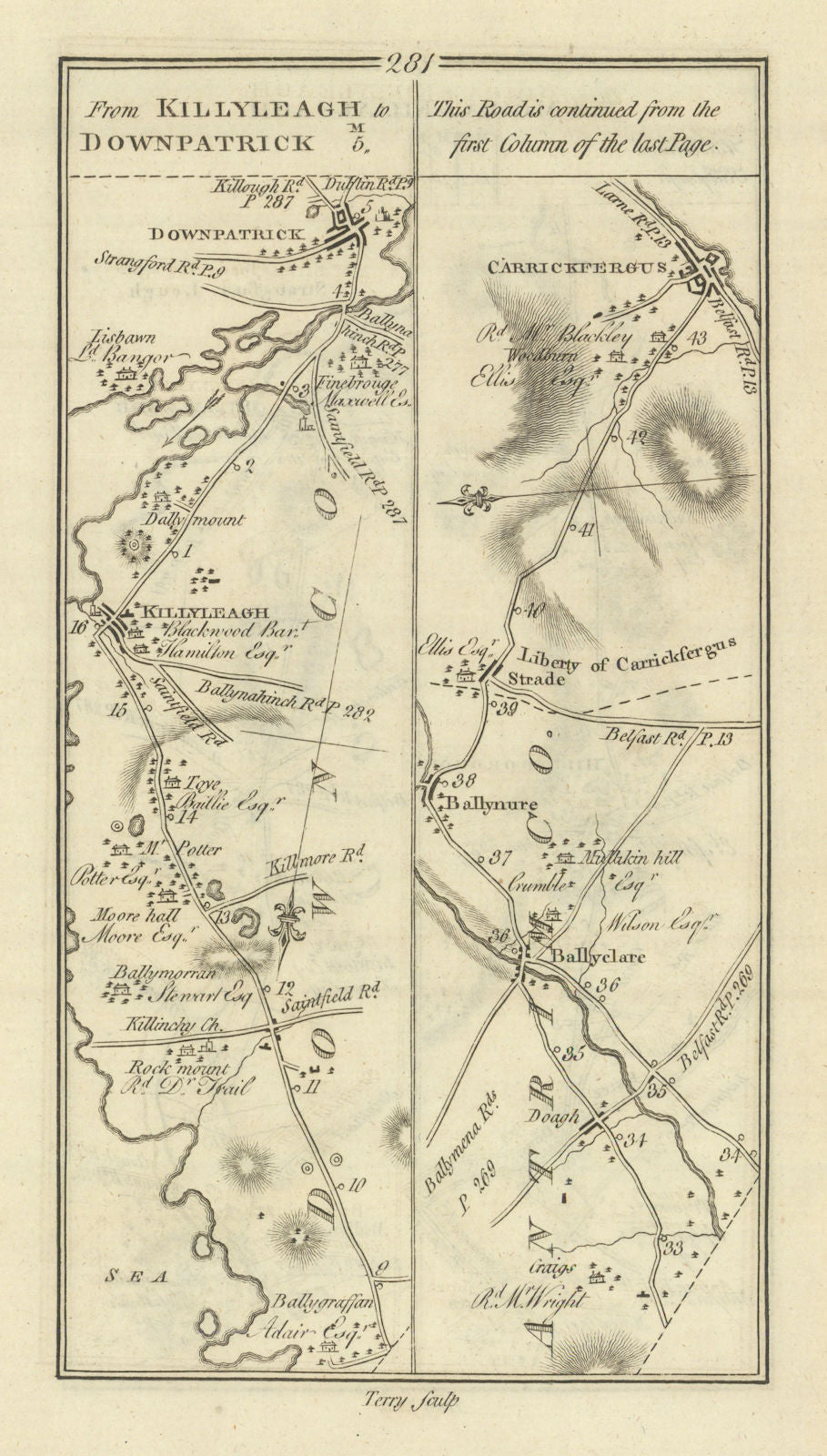 #281 Killyleagh to Downpatrick. Carrickfergus Ballyclare TAYLOR/SKINNER 1778 map