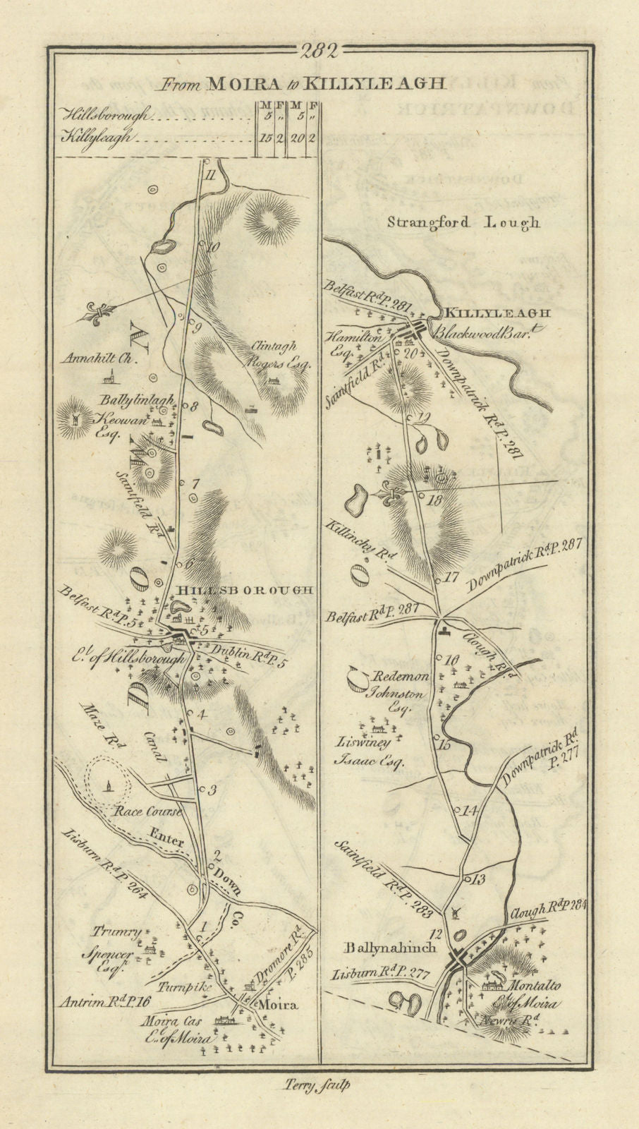 #282 Moira to Killyleagh. Hillsborough Ballynahinch Down TAYLOR/SKINNER 1778 map