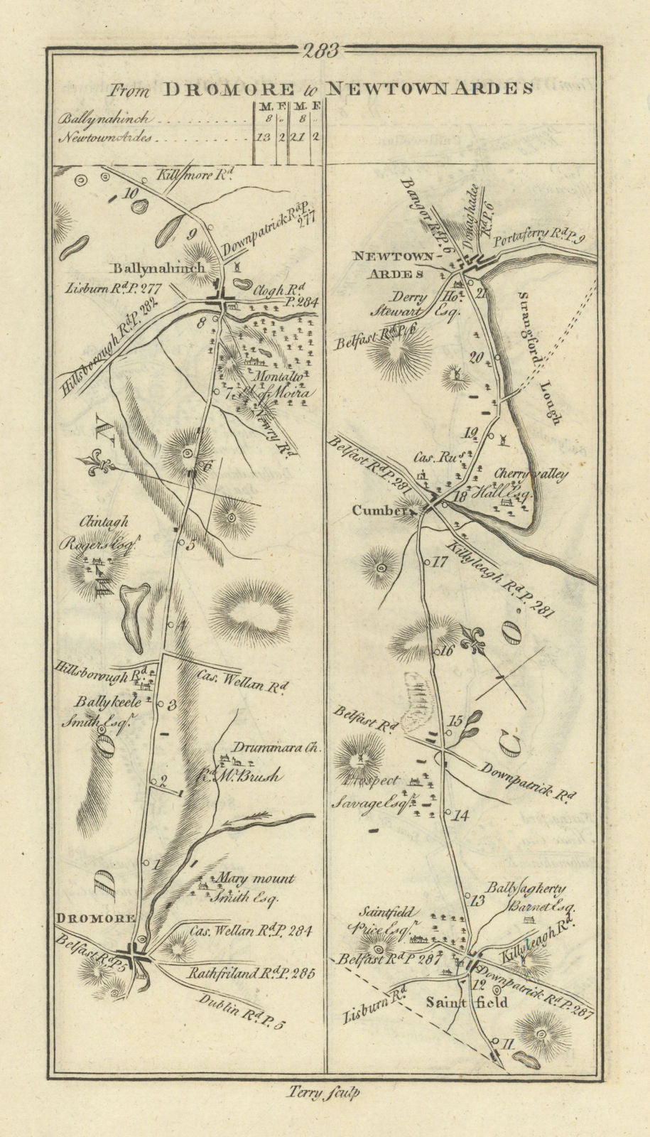 #283 Dromore to Newtownards. Ballynahinch Saintfield. TAYLOR/SKINNER 1778 map
