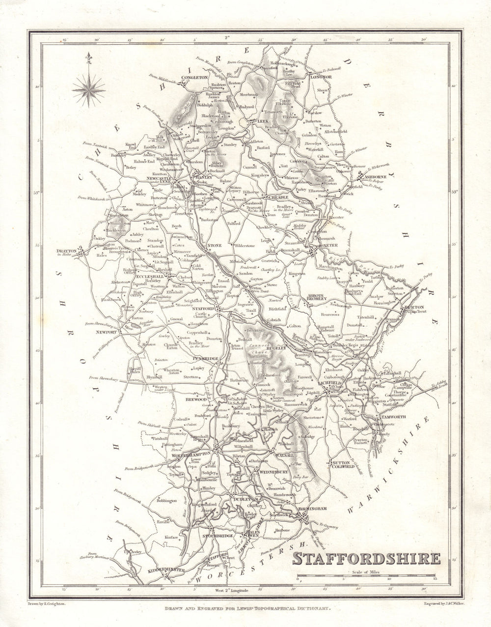 Antique county map of STAFFORDSHIRE by Walker & Creighton for Lewis c1840