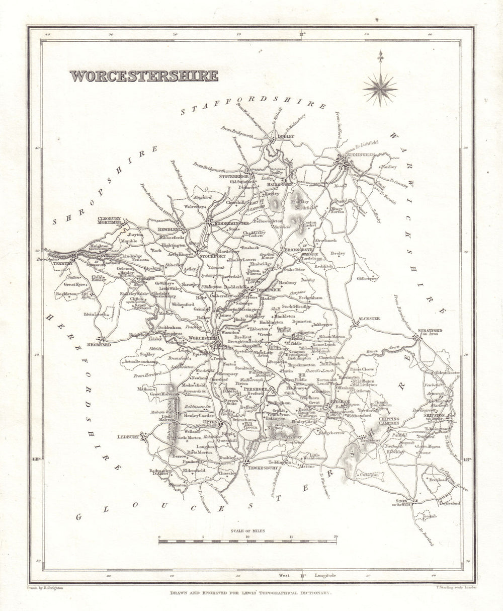 Antique county map of WORCESTERSHIRE by Starling & Creighton for Lewis c1840
