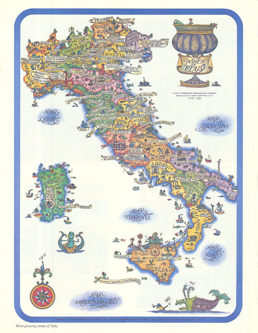 Wines of Italy with a D.O.C. Pictorial map. May 1970 (1979) old vintage