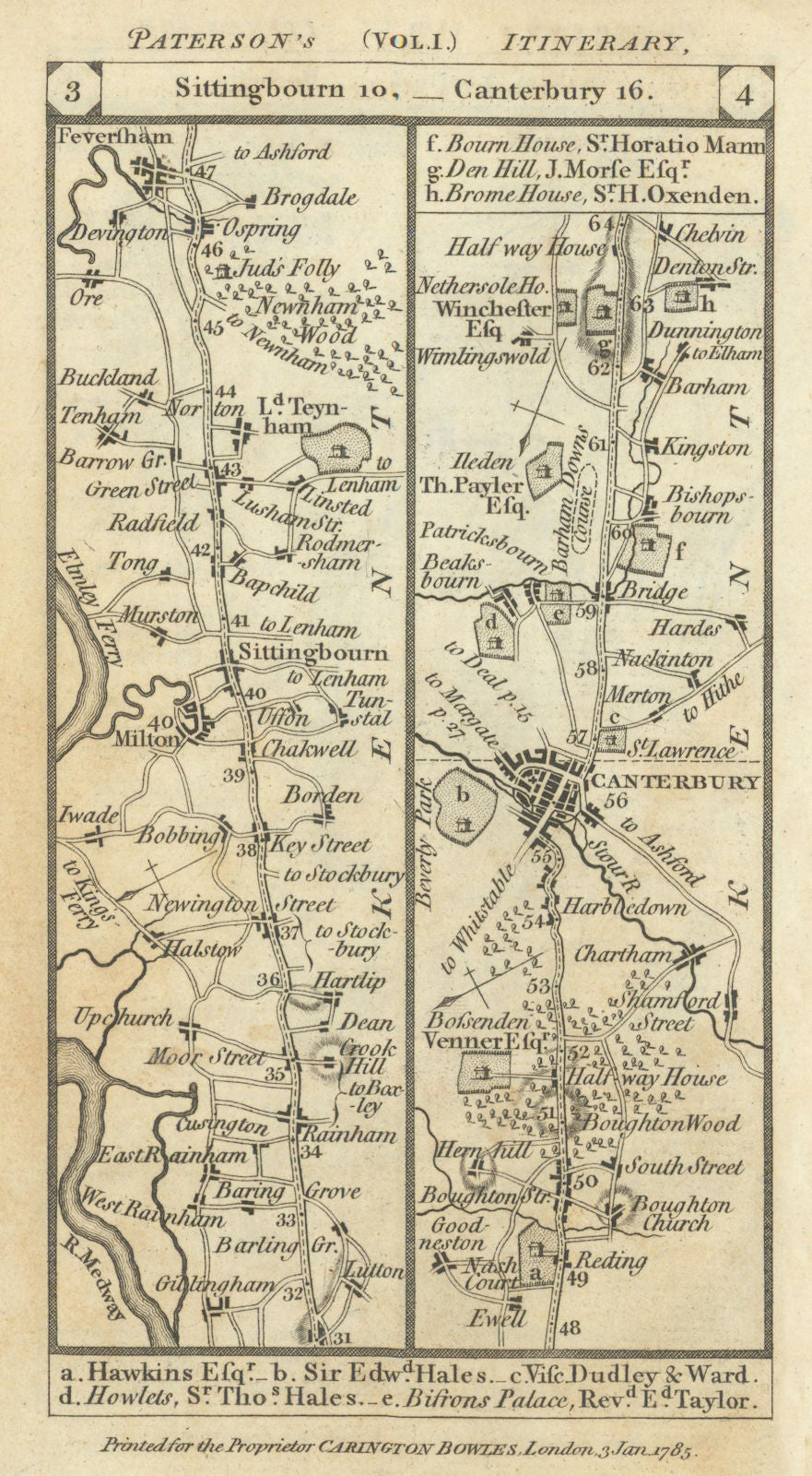 Rainham-Sittingbourne-Faversham-Canterbury road strip map PATERSON 1785