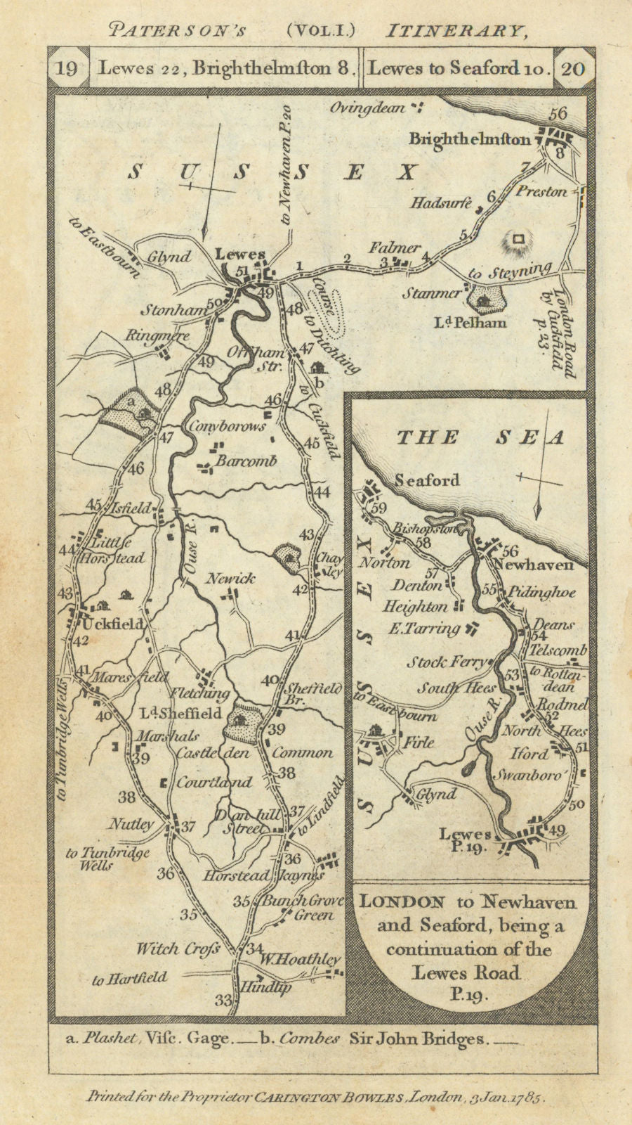 Uckfield-Lewes-Brighton-Newhaven-Seaford road strip map PATERSON 1785 old