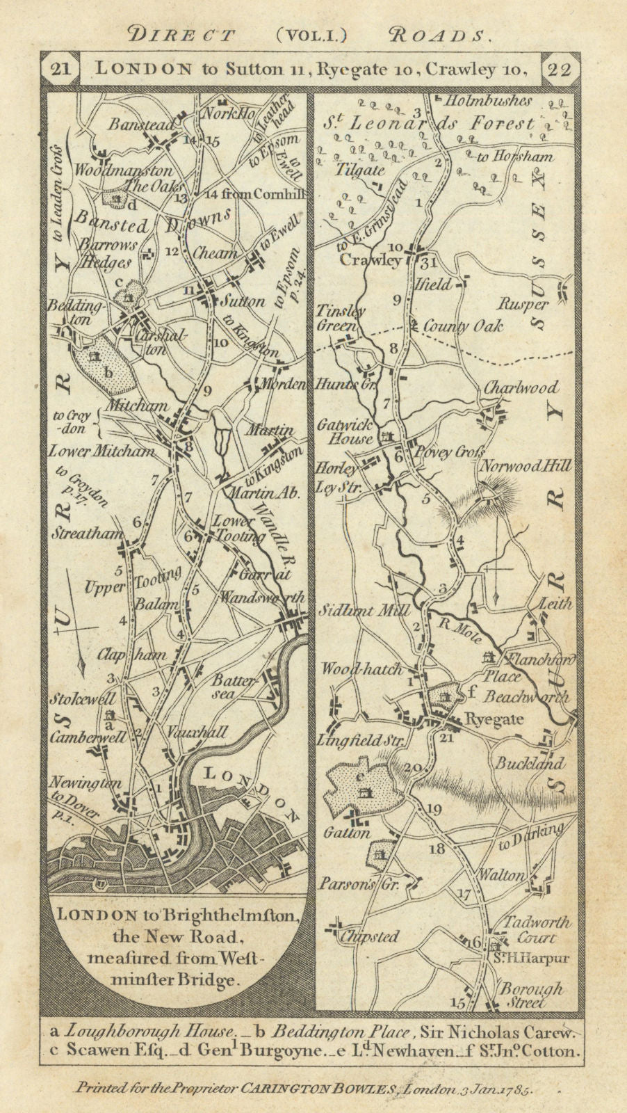 Wandsworth-Clapham-Carshalton-Reigate-Crawley road strip map PATERSON 1785