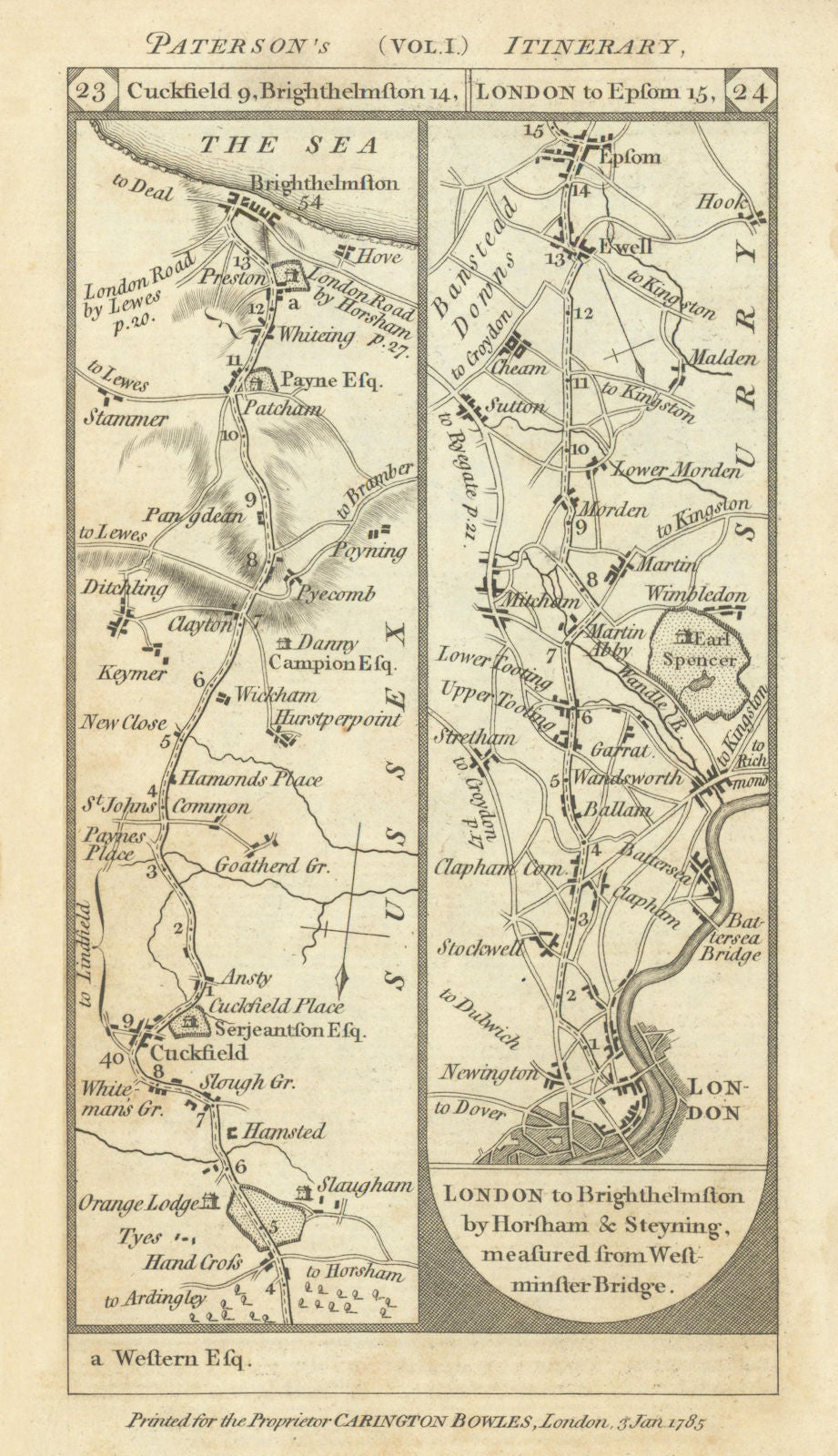 Cuckfield-Brighton. London-Stockwell-Epsom road strip map PATERSON 1785