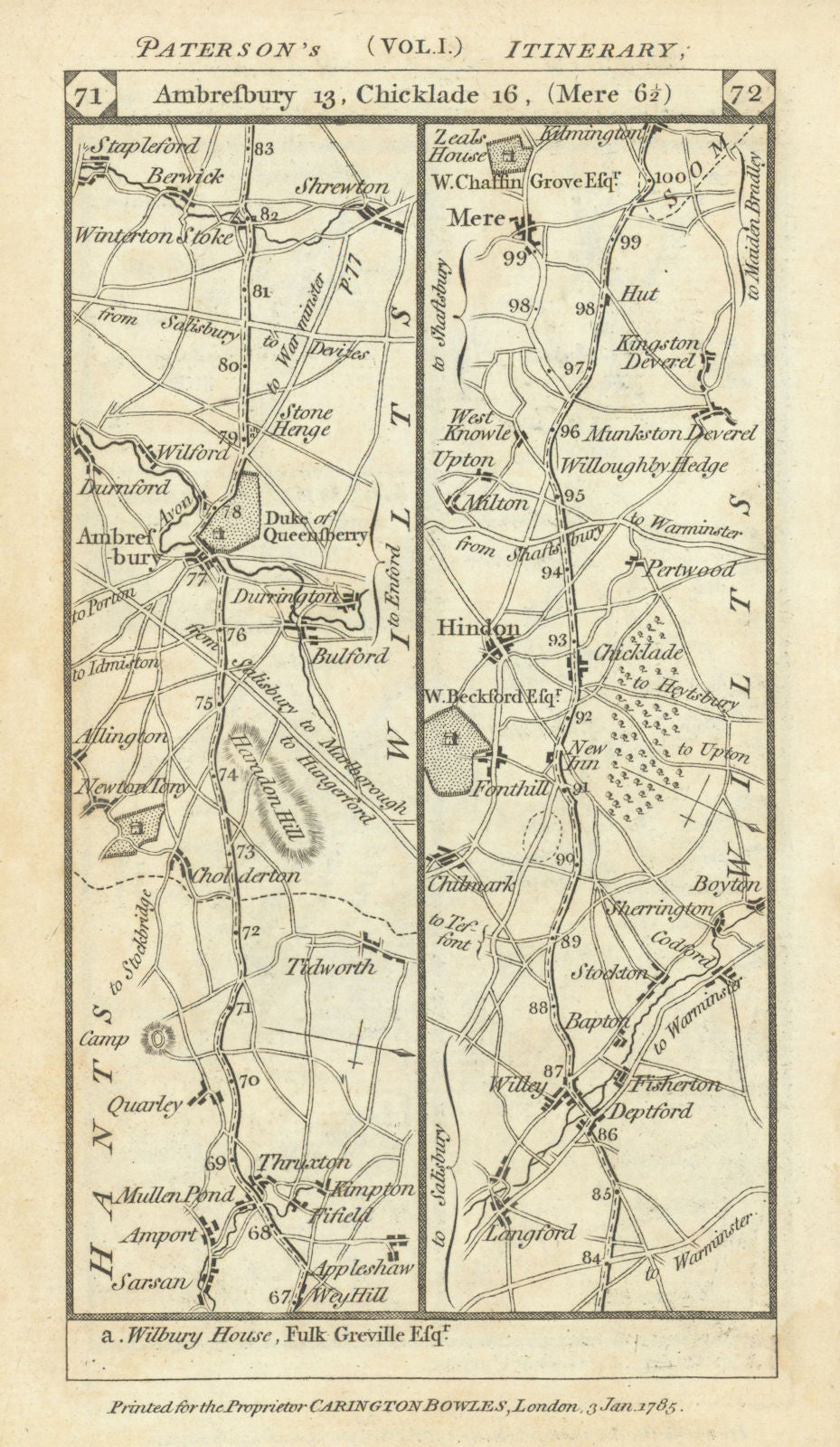 Thruxton-Durrington-Amesbury-Wylye-Hindon-Mere road strip map PATERSON 1785