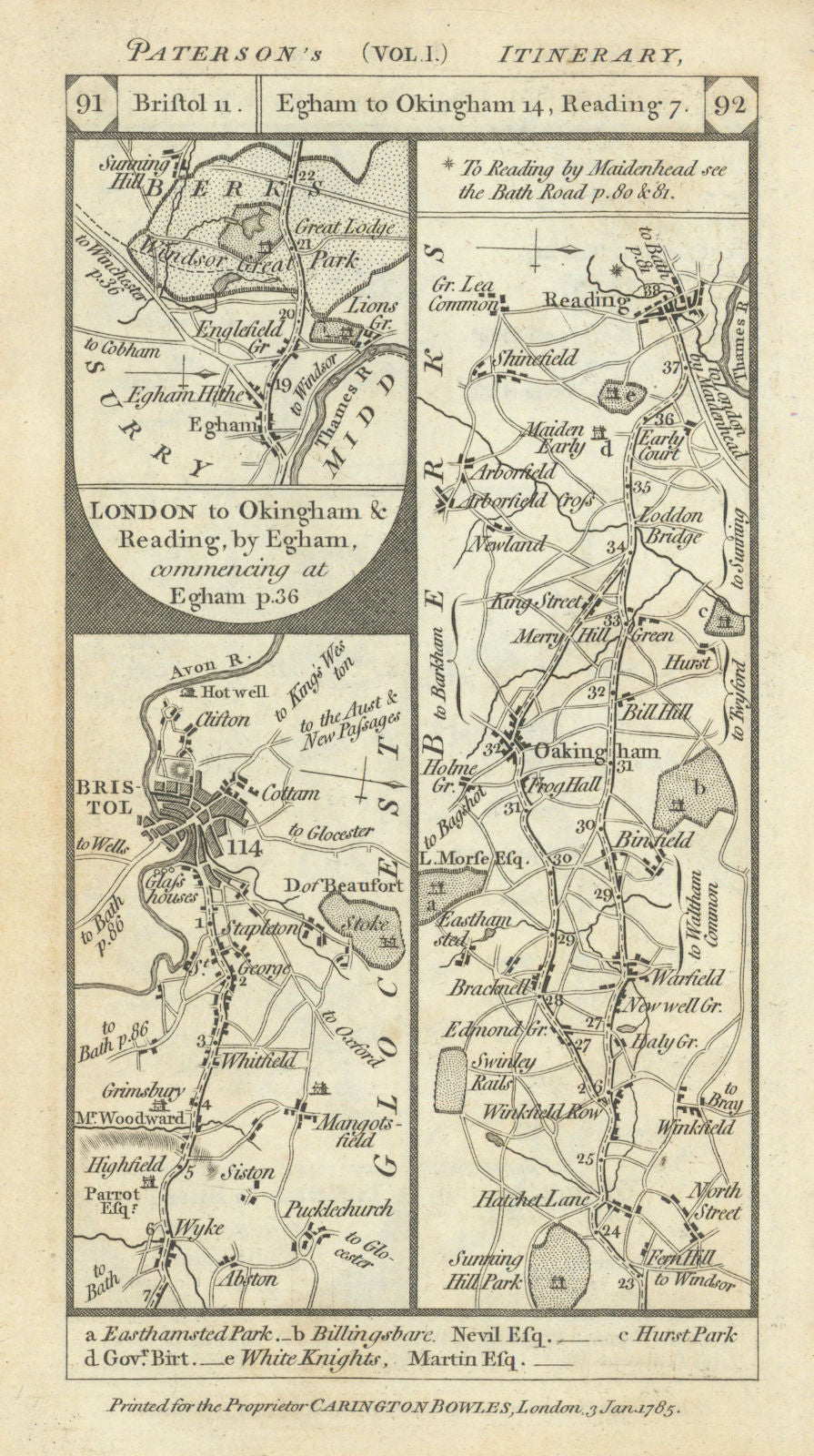Wick-Bristol Egham-Bracknell-Wokingham-Reading road strip map PATERSON 1785