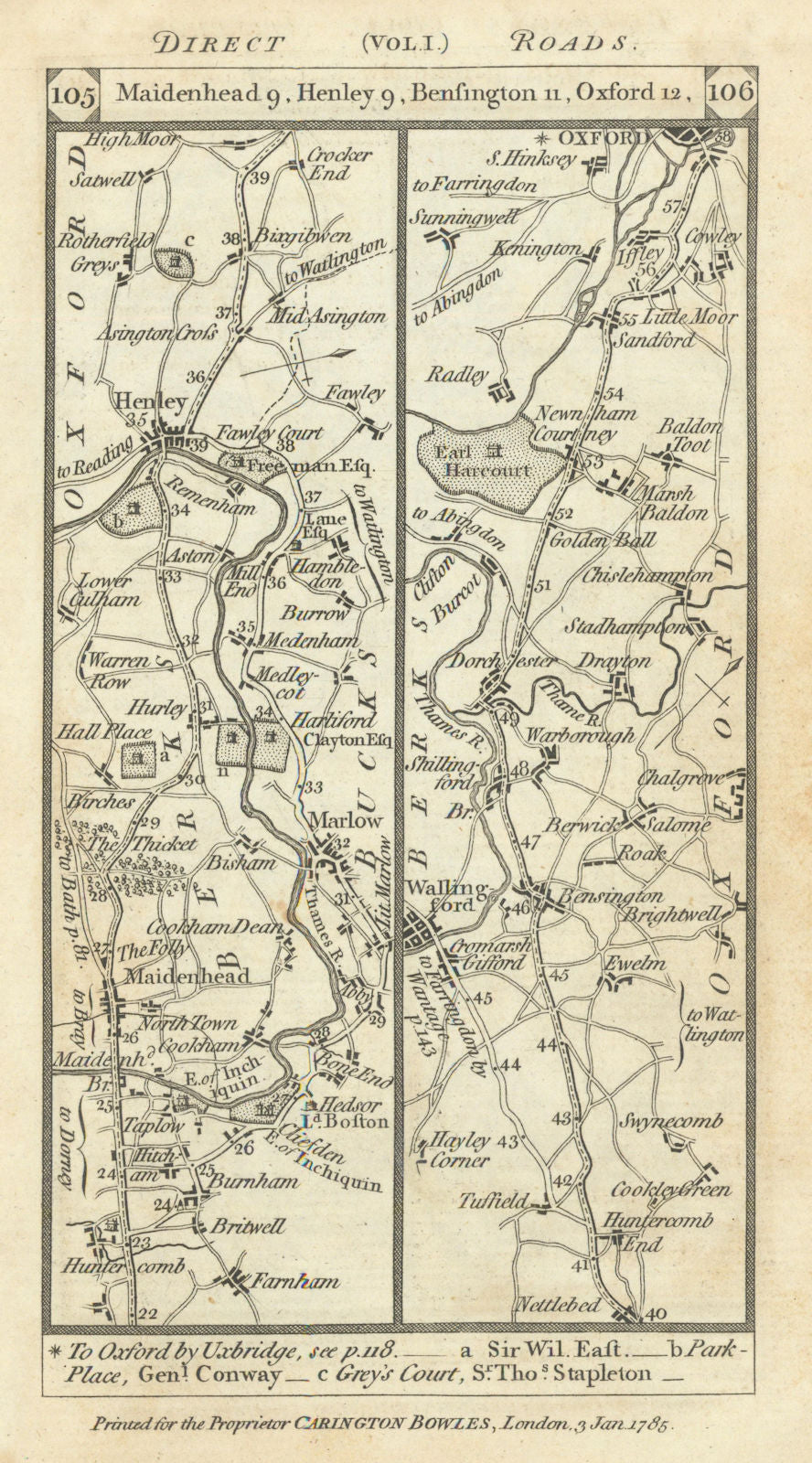 Maidenhead-Marlow-Henley-Dorchester-Oxford road strip map PATERSON 1785