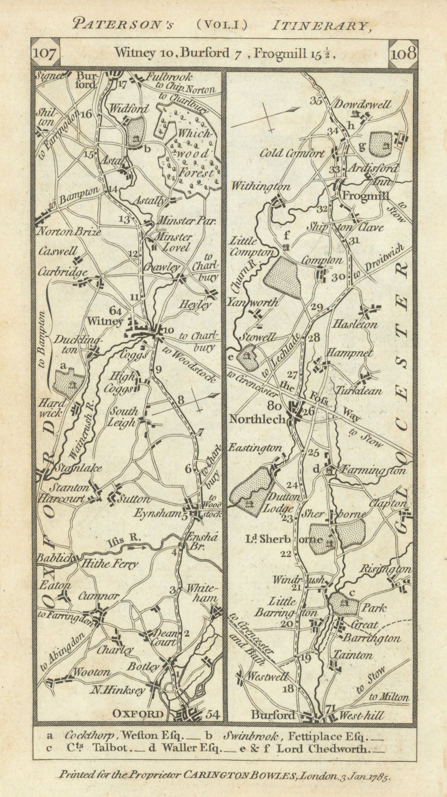 Oxford-Witney-Burford-Northleach-Frogmill road strip map PATERSON 1785 old