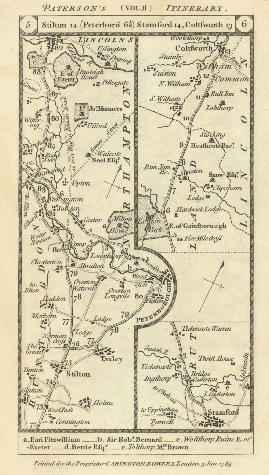 Stilton-Peterborough-Stamford-Colsterworth road strip map PATERSON 1785