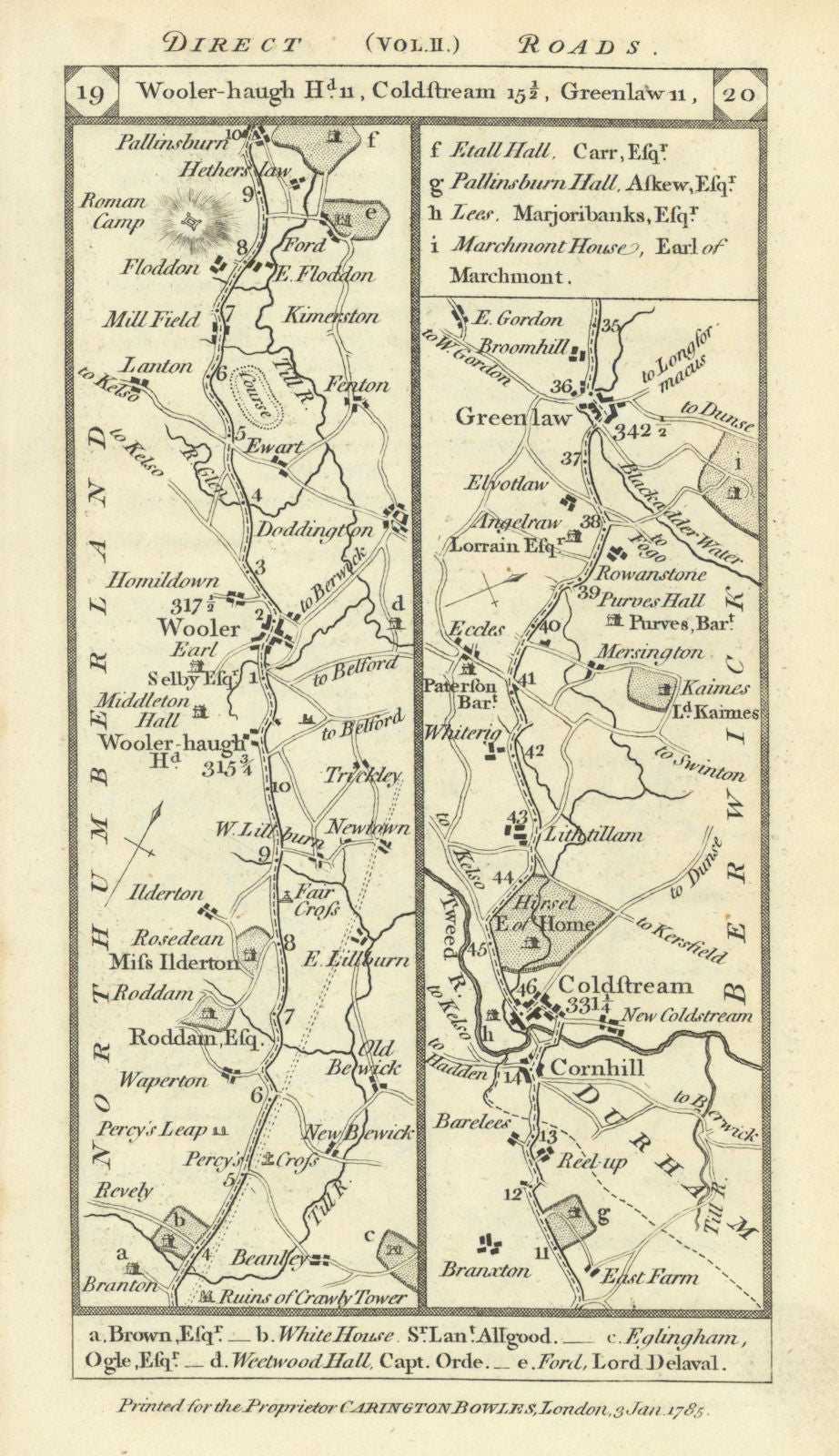 Wooler - Cornhill - Coldstream - Greenlaw road strip map PATERSON 1785 ...