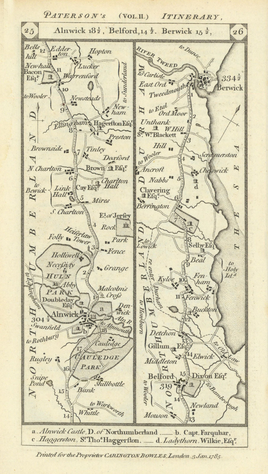 Alnwick - Belford - Fenwick - Berwick road strip map PATERSON 1785 old
