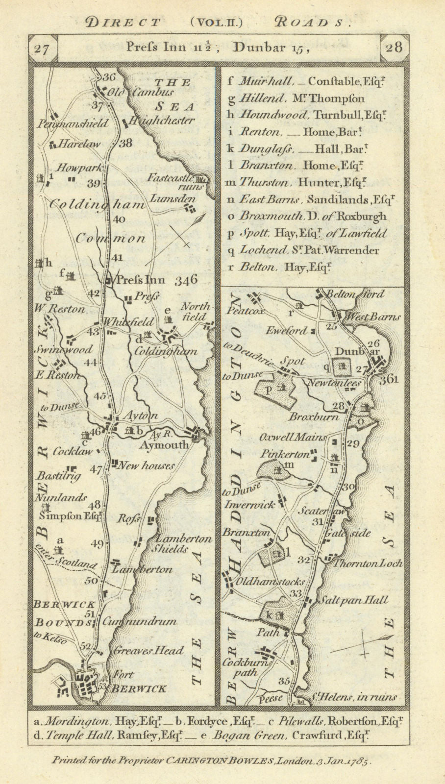 Berwick - Eyemouth - Cocksburnspath - Dunbar road strip map PATERSON 1785