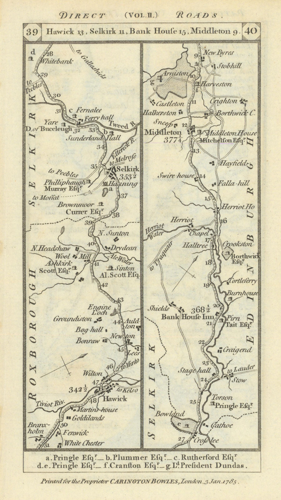 Hawick - Selkirk - Heriot - Middleton road strip map PATERSON 1785 old