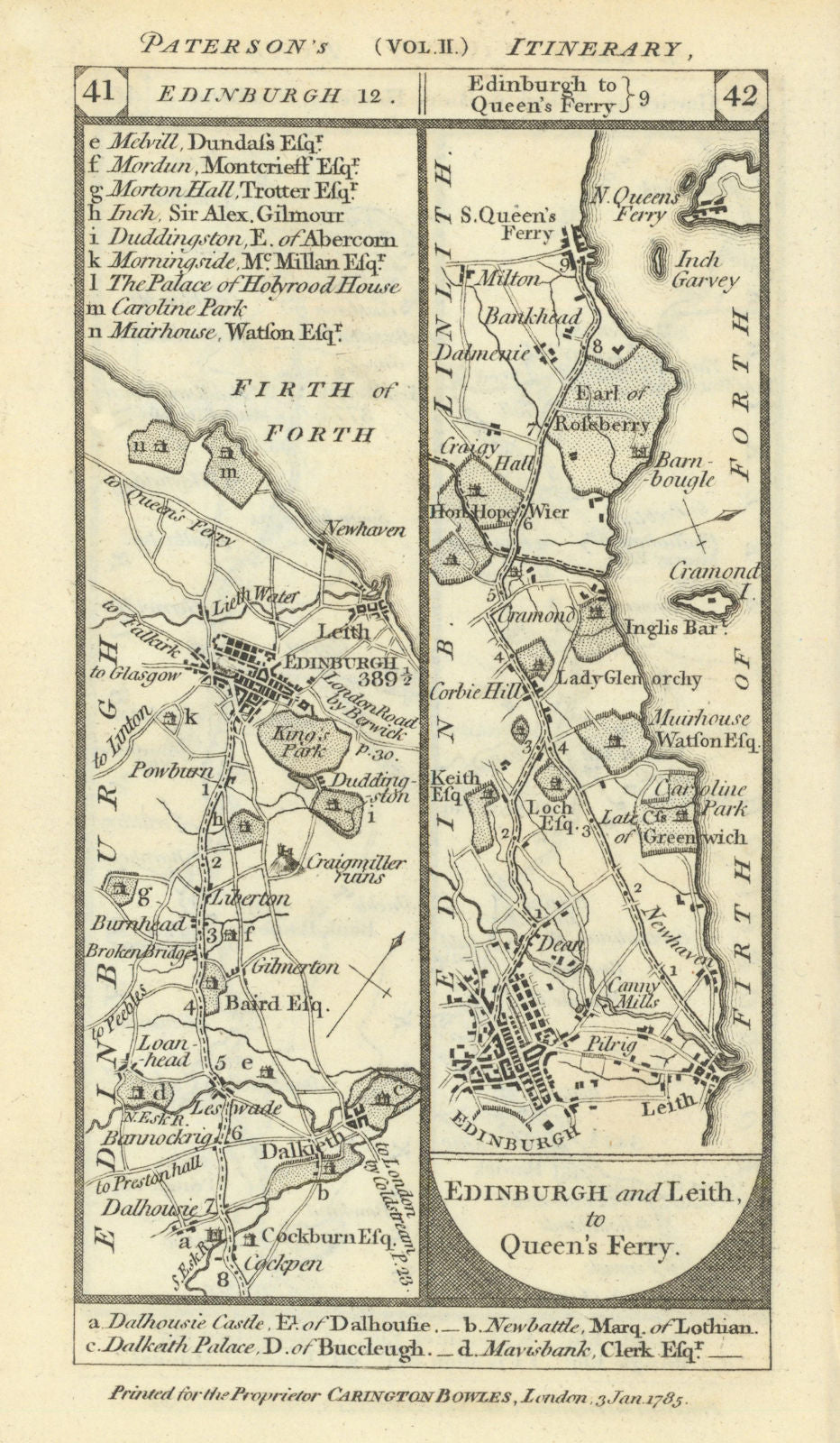 Dalkeith-Edinburgh-Leith-Queensferry road strip map PATERSON 1785 old