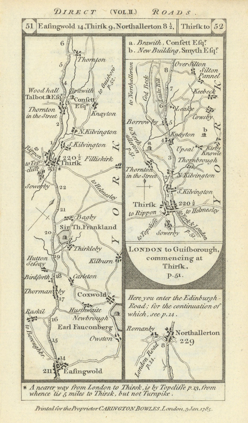 Thirsk-Consett-Northallerton. Sowerby-Knayton road strip map PATERSON 1785