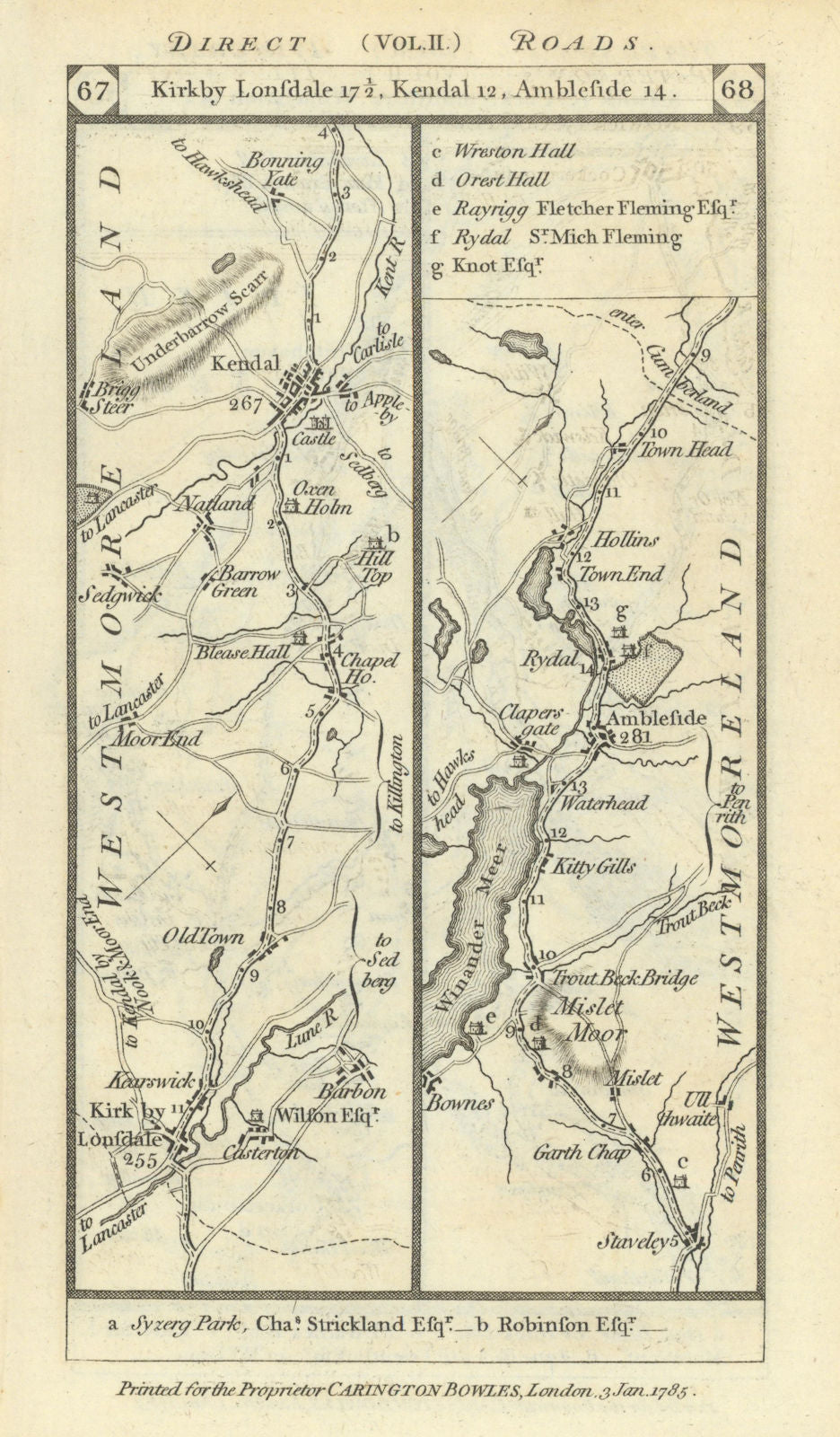Kirkby Lonsdale-Kendal-Windermere-Ambleside road strip map PATERSON 1785