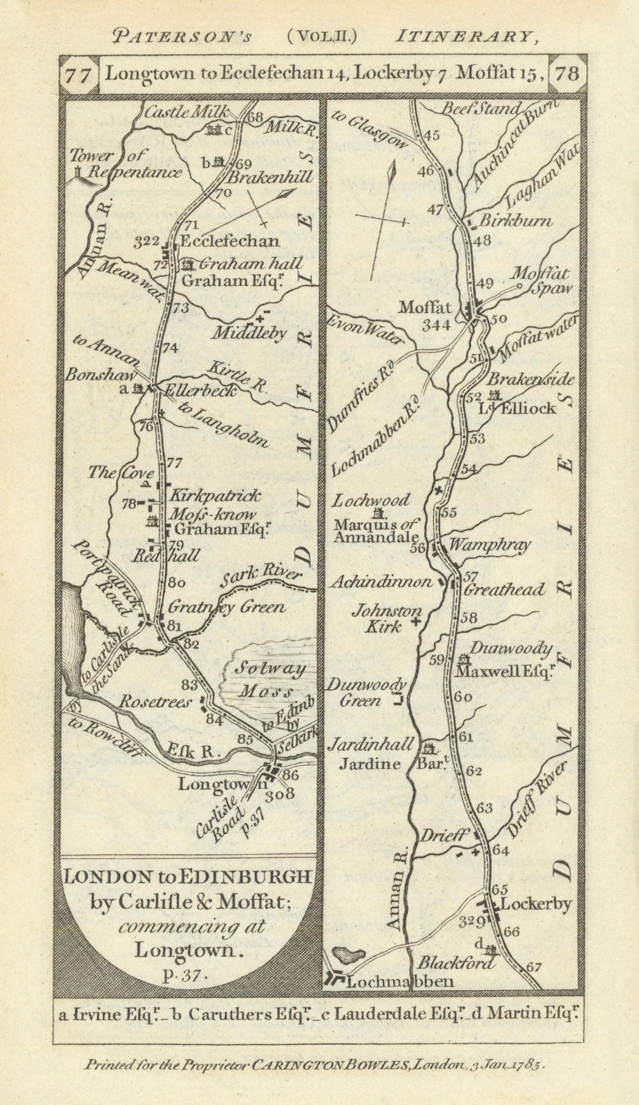 Longtown - Gretna Green - Lockerbie - Moffat road strip map PATERSON 1785