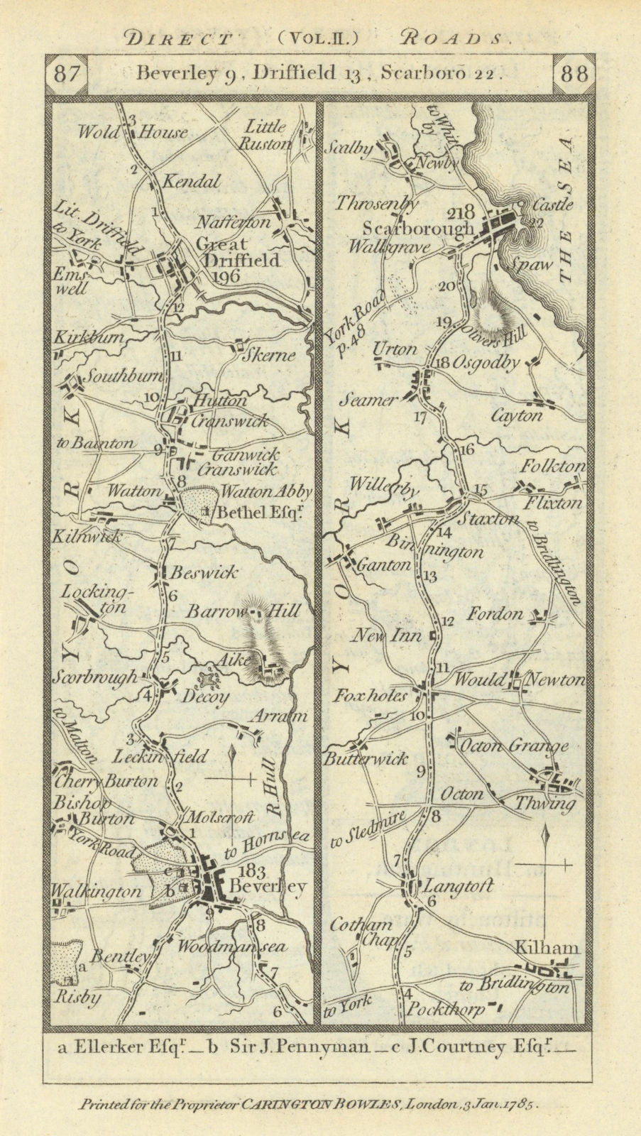 Beverley-Driffield-Kilham-Willerby-Scarborough road strip map PATERSON 1785
