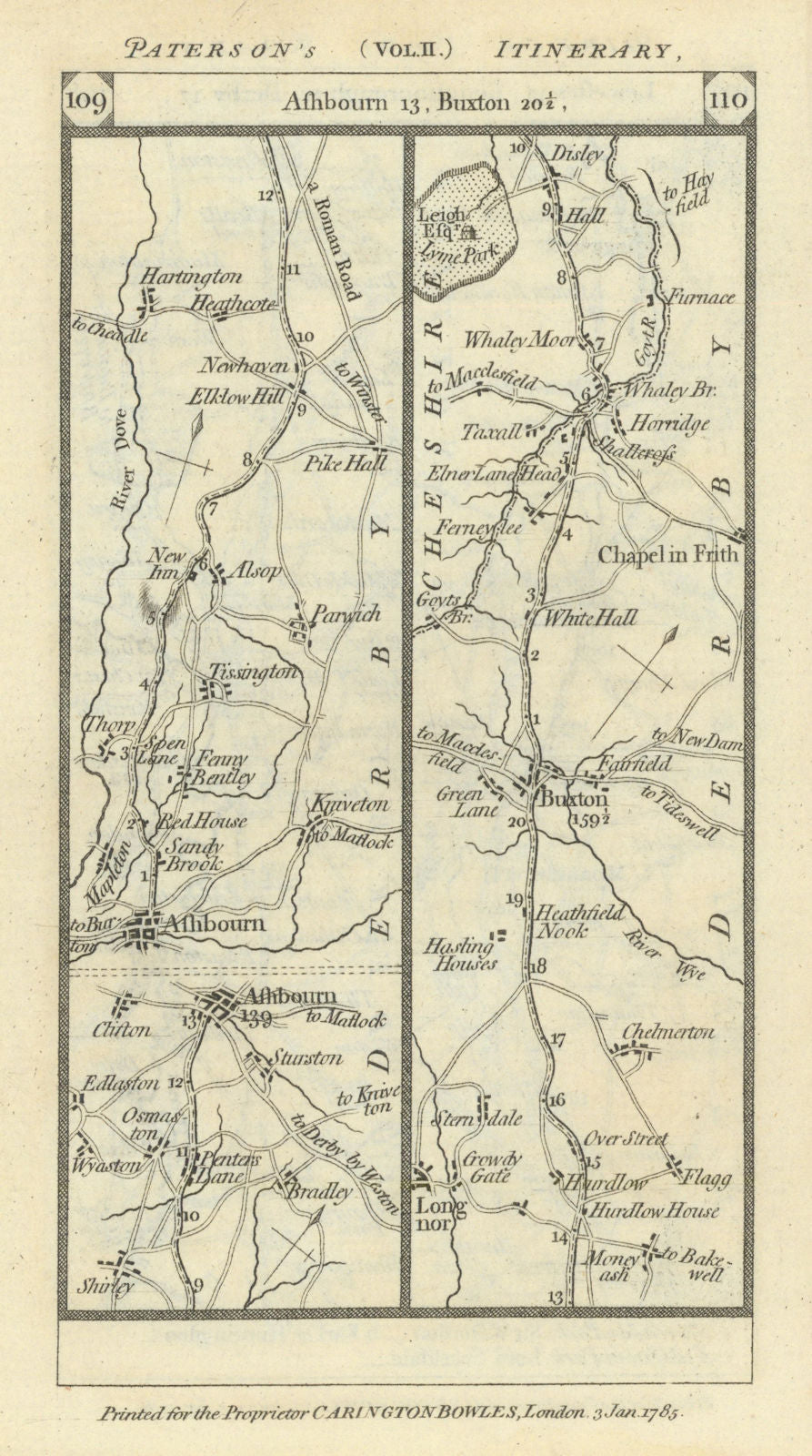 Ashbourne-Alsop-le-Dale-Buxton-Whaley Bridge road strip map PATERSON 1785
