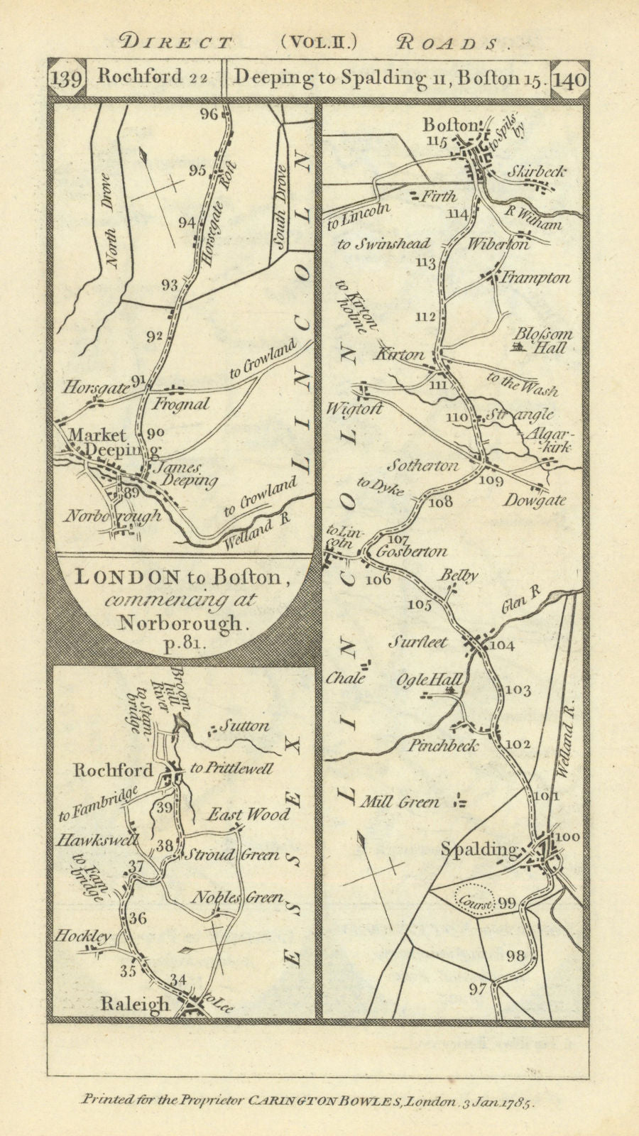 Rayleigh-Rochford. Market Deeping-Boston road strip map PATERSON 1785 old