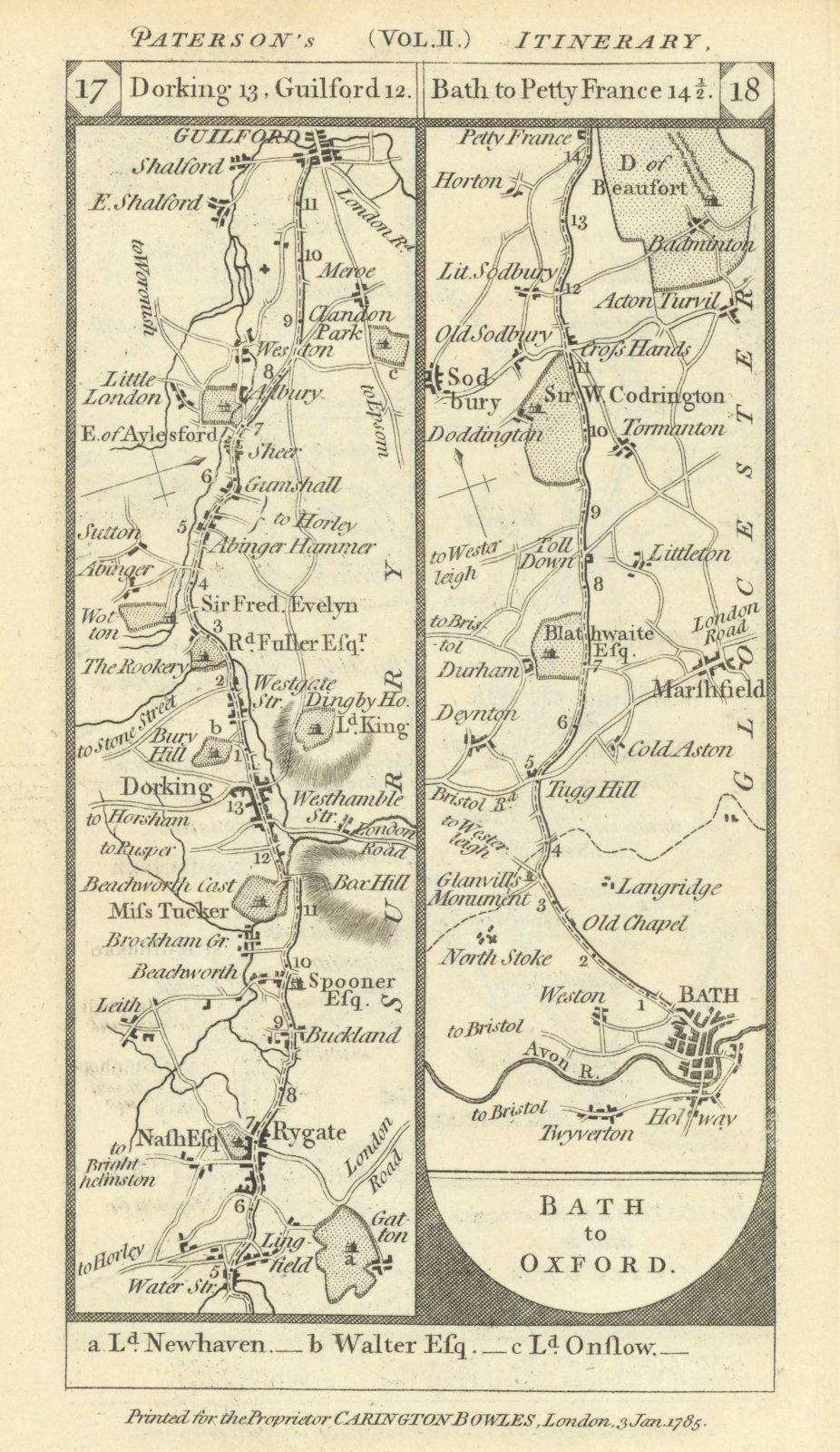 Reigate-Dorking-Guildford Bath-Chipping Sodbury road strip map PATERSON 1785