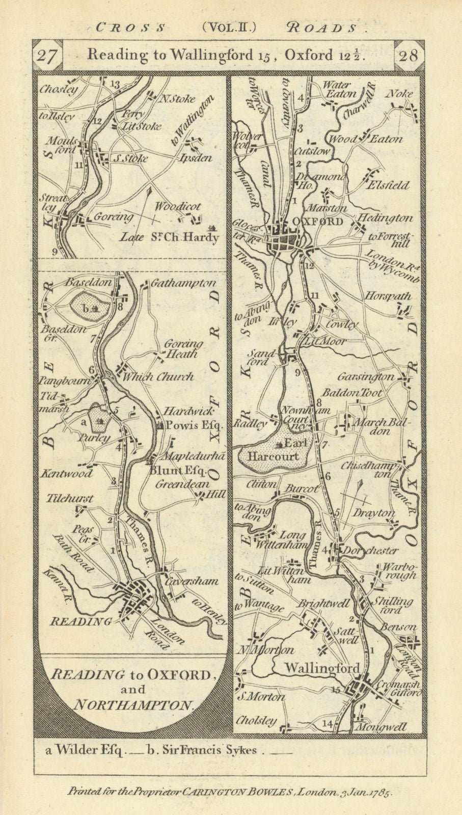 Reading-Wallingford-Dorchester-Cowley-Oxford road strip map PATERSON 1785