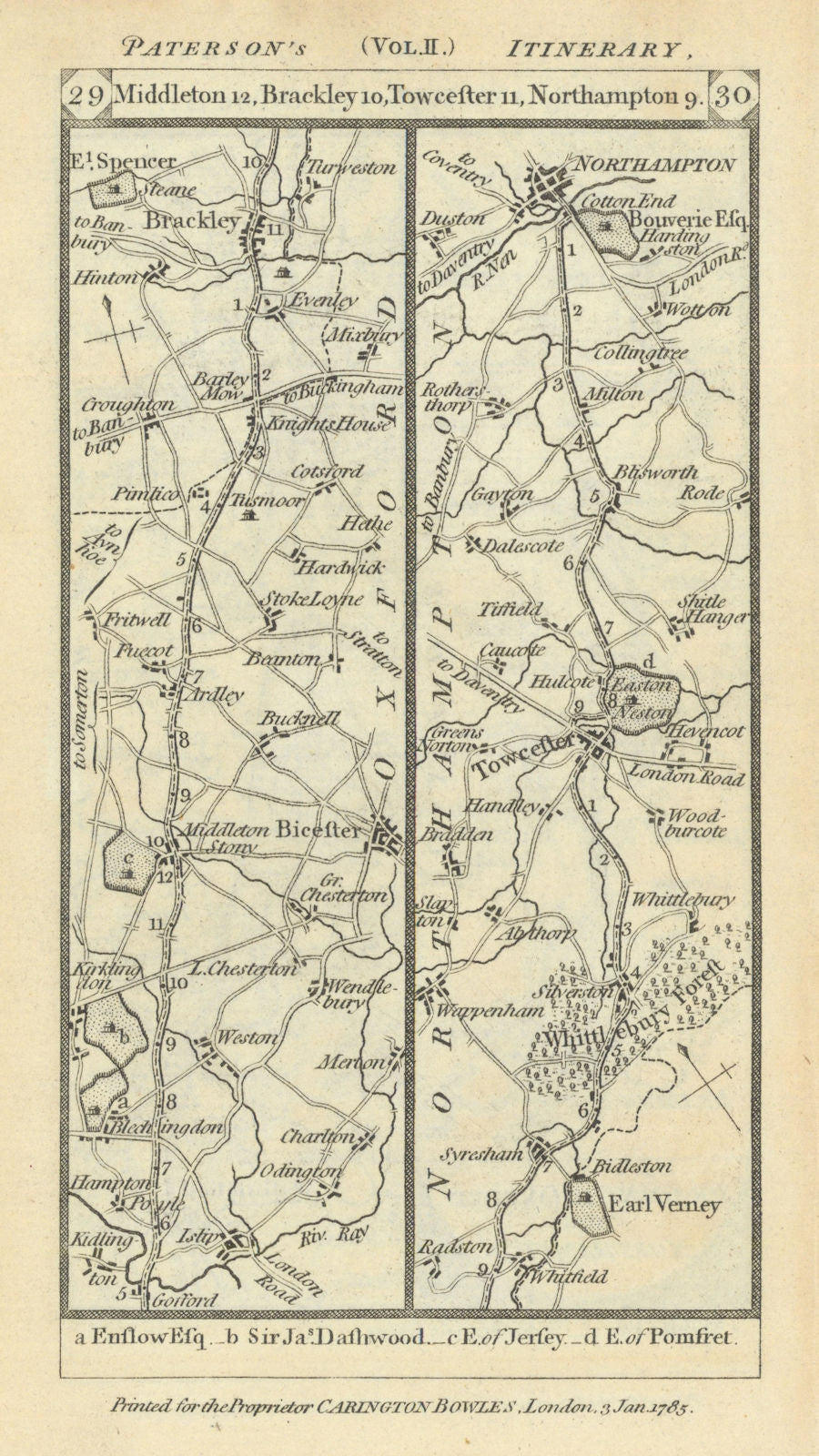 Bicester - Brackley - Towcester - Northampton road strip map PATERSON 1785