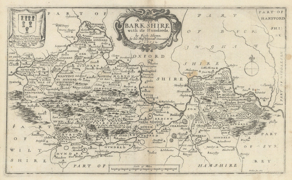A Mapp of Bark Shire, with its hundreds by Richard Blome 1673 old antique