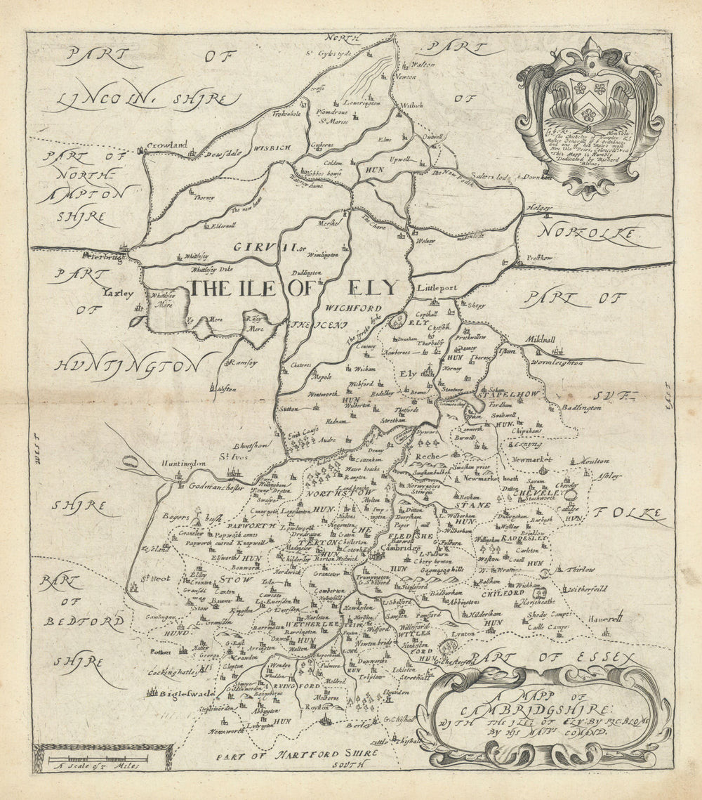 A Mapp of Cambridgshire with the Ile of Ely by Richard Blome 1673 old