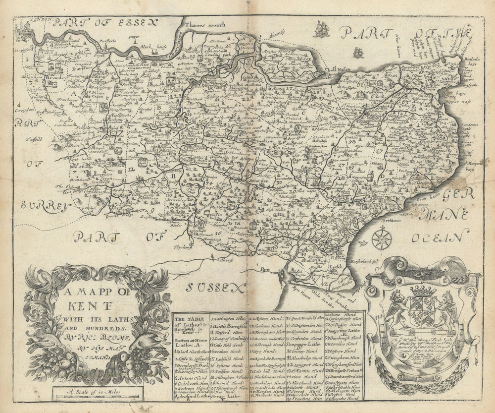 A Mapp of Kent With its Laths and Hundreds by Richard Blome 1673 old