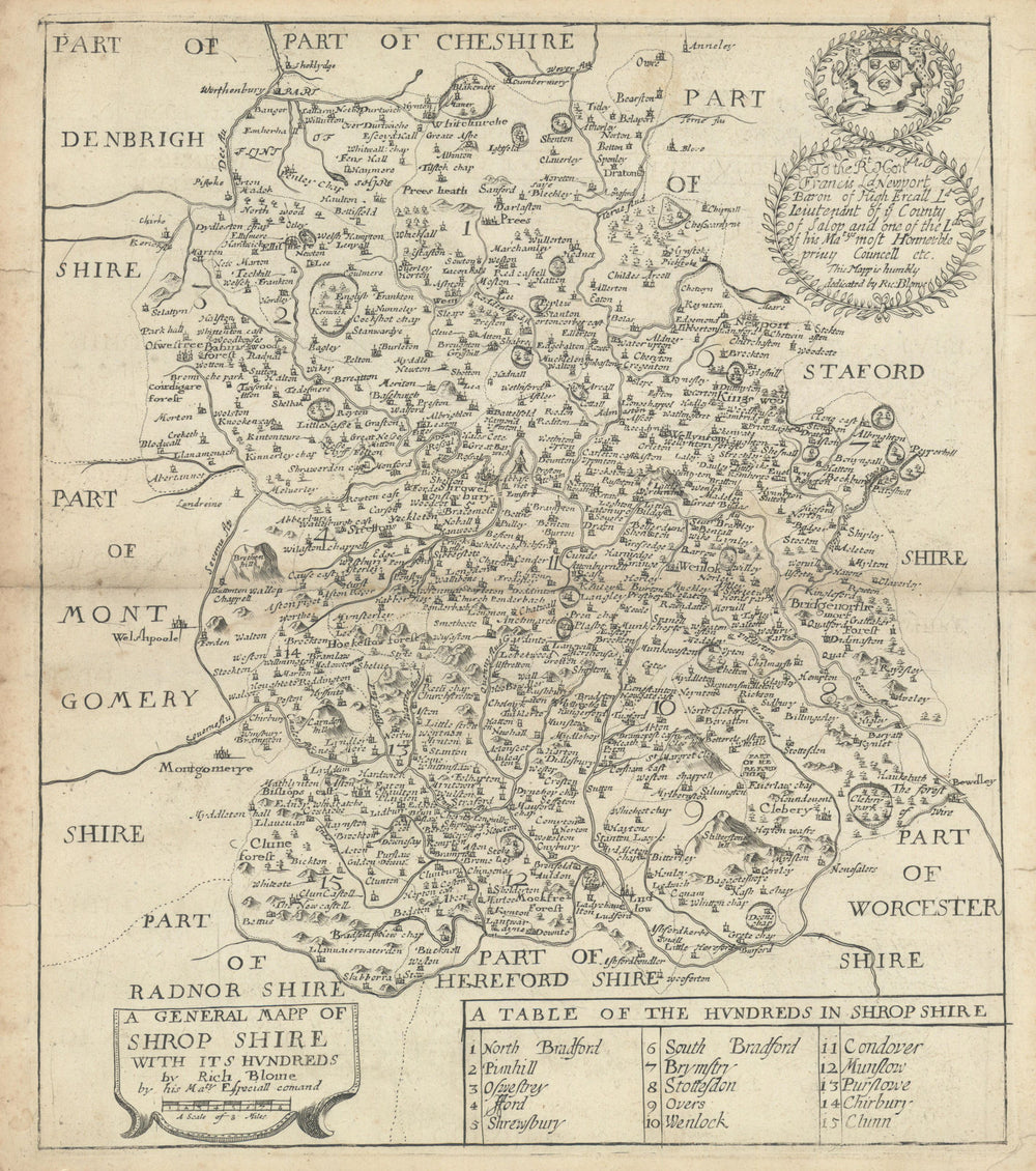 A General Mapp of Shrop Shire with its Hundreds by Richard Blome 1673 old