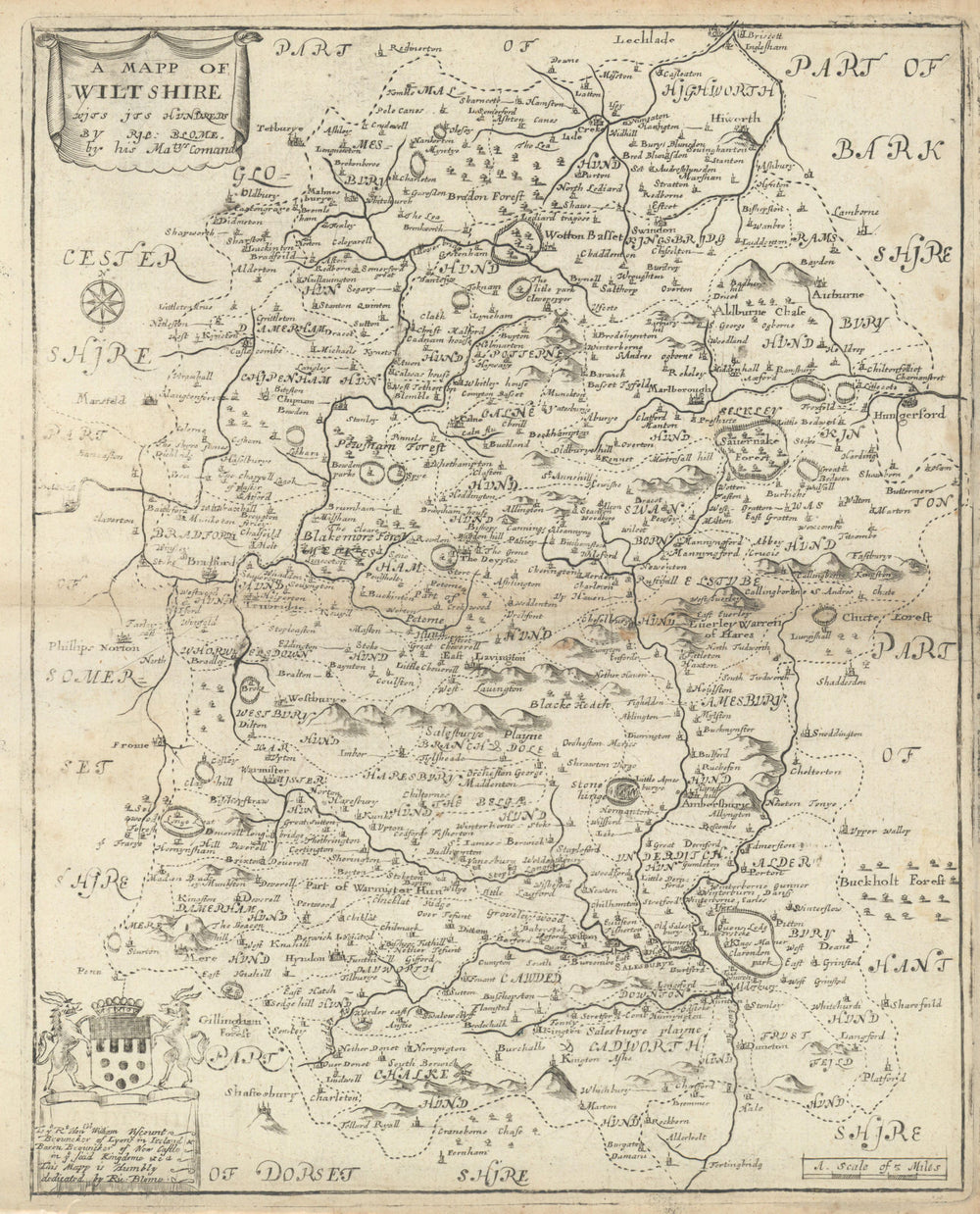 A Mapp of Wiltshire, wits its Hundreds by Richard Blome 1673 old antique