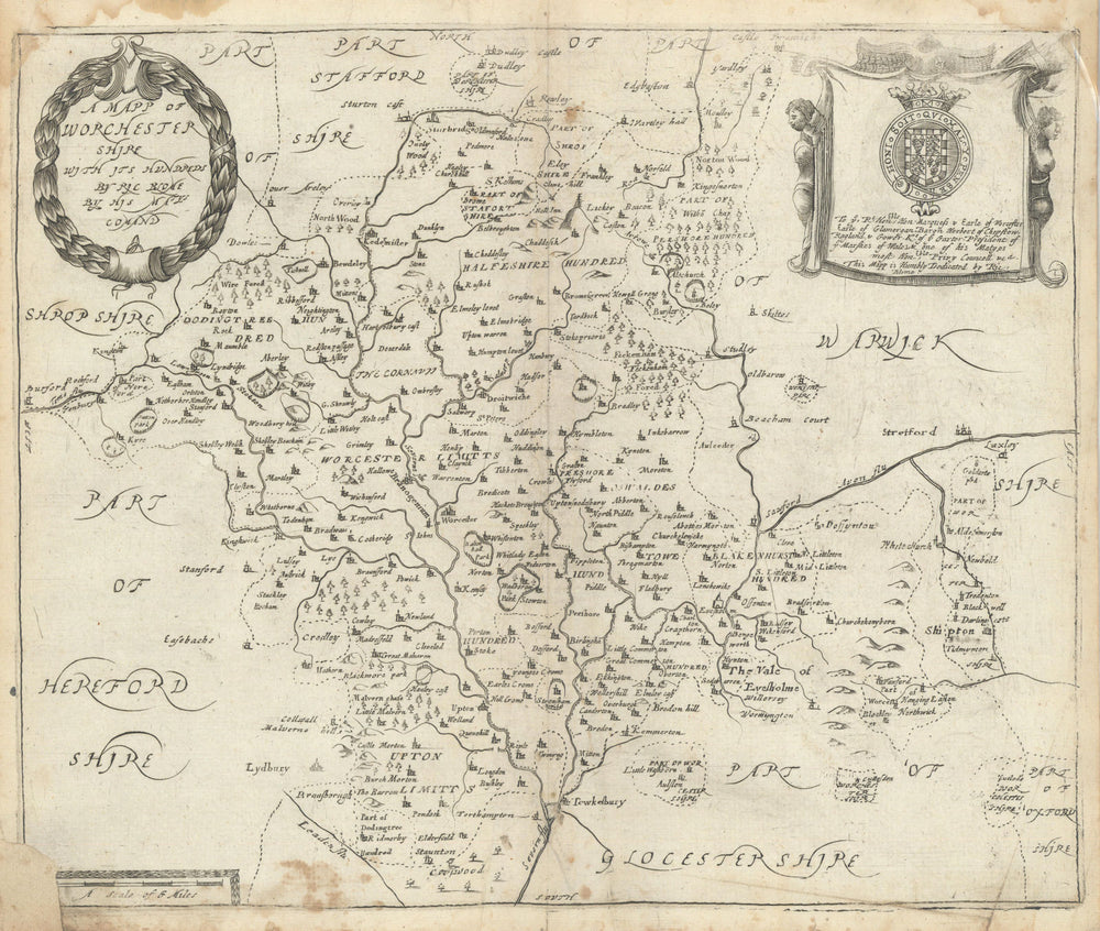 A Mapp of Worchester Shire, with its hundreds by Richard Blome 1673 old