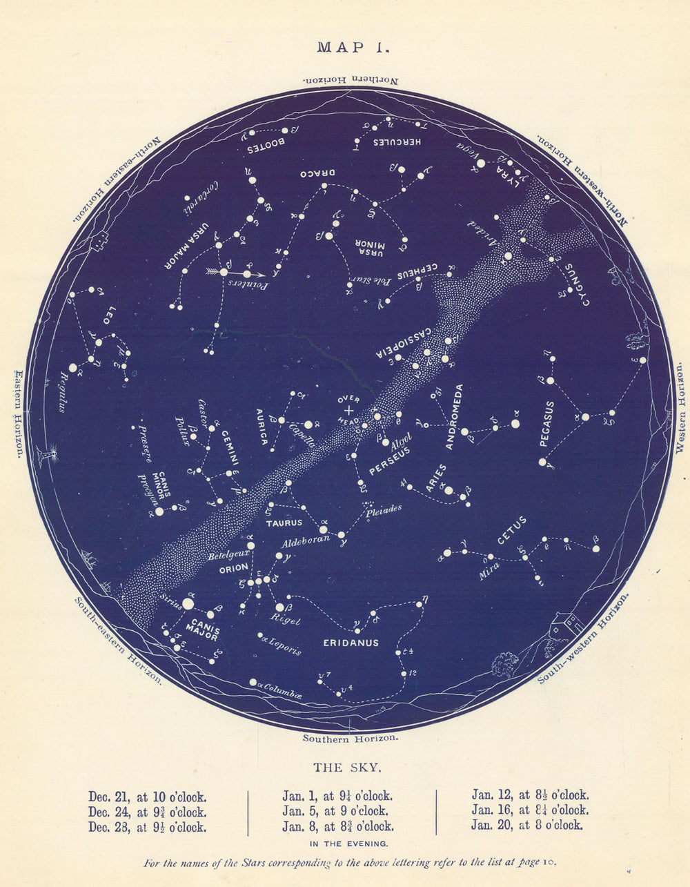 STAR MAP I. The Night Sky. December-January. Astronomy. PROCTOR 1896 old