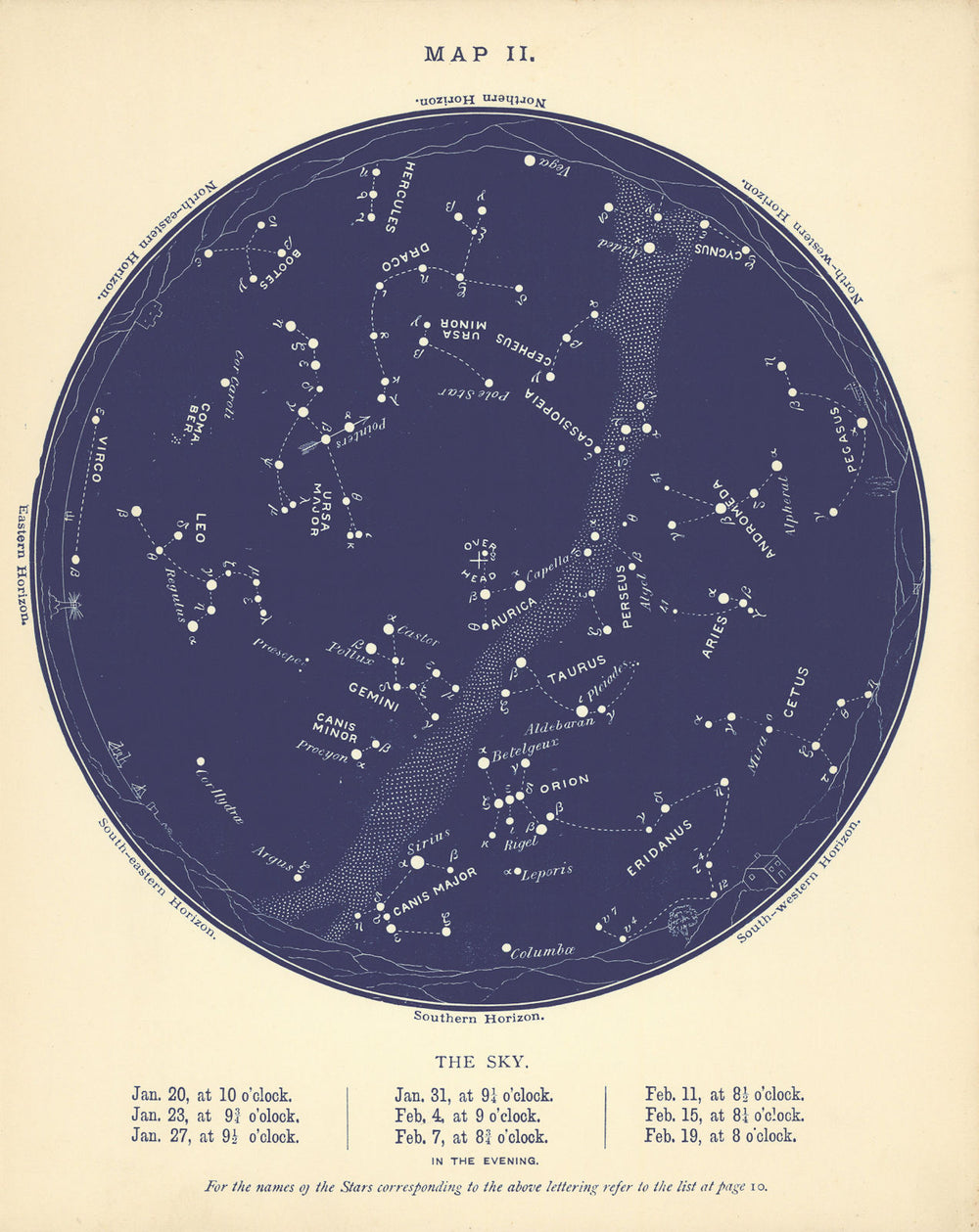 STAR MAP II. The Night Sky. January-February. Astronomy. PROCTOR 1896 old
