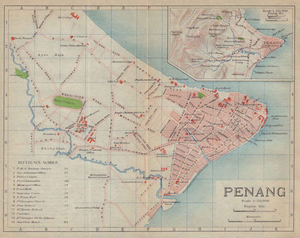 George Town, Penang antique town city plan. Malaysia 1917 old map