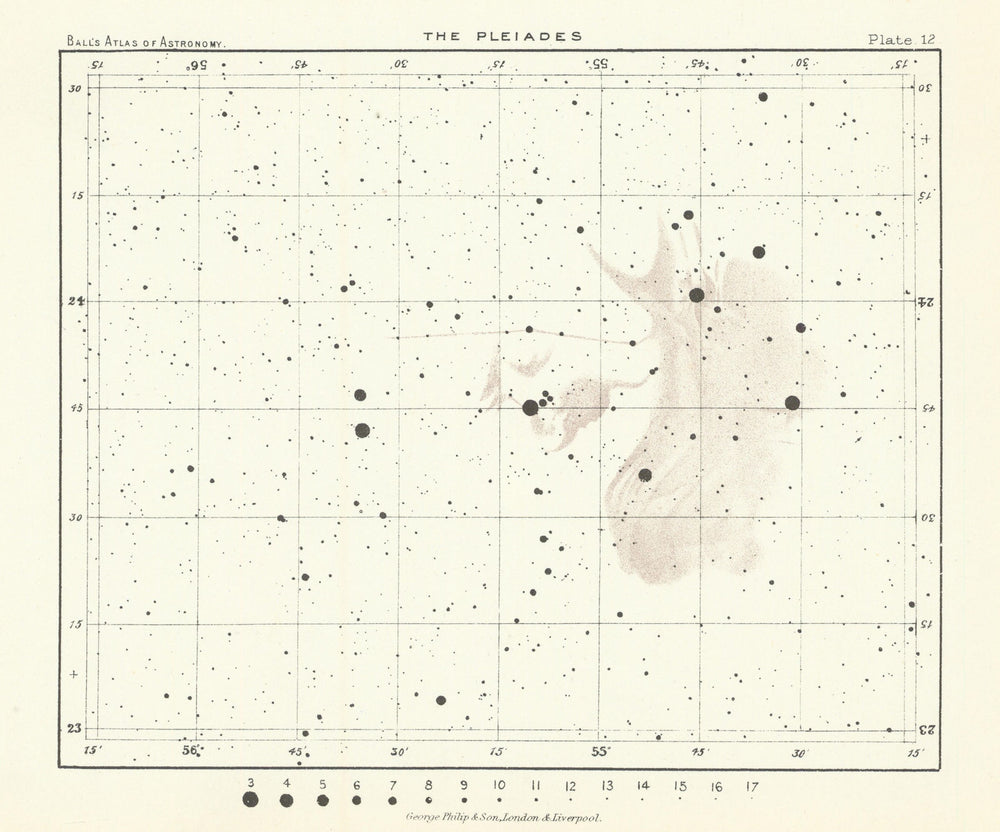 Stars in the Pleiades by Robert Ball. Astronomy. Night Sky 1892 old map