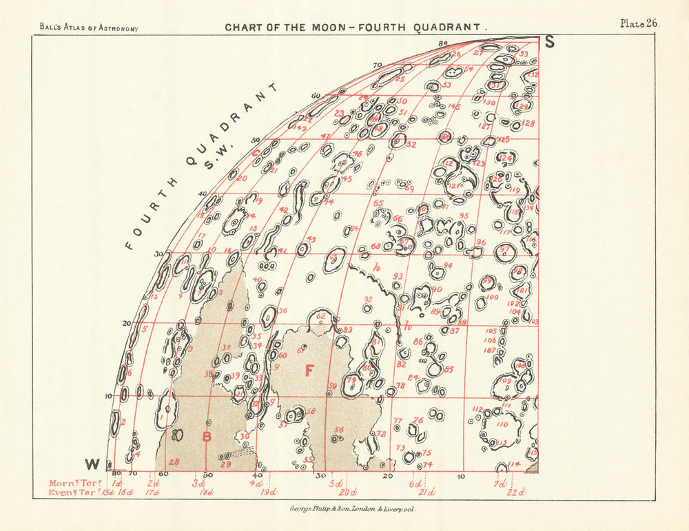 Chart of the Moon 4th Quadrant - South West - by Robert Ball. Astronomy 1892 map