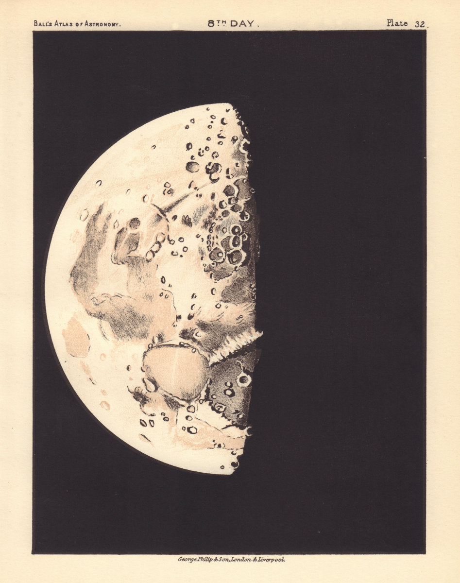 Phases of the Moon - 8th day by Robert Ball. Astronomy 1892 old antique map