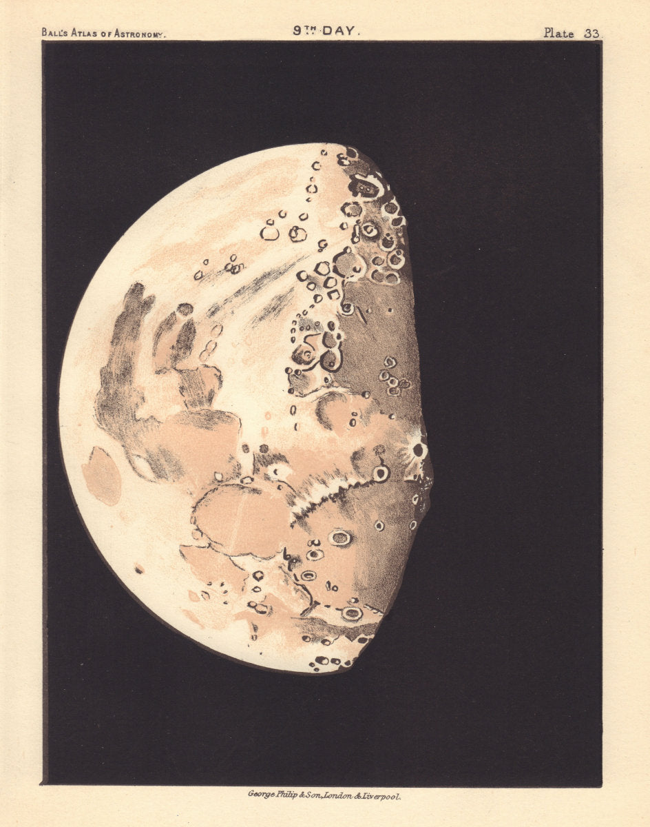 Phases of the Moon - 9th day by Robert Ball. Astronomy 1892 old antique map
