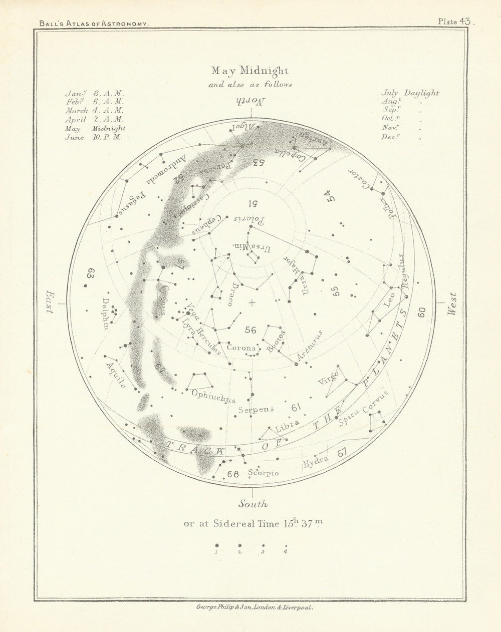 Night Sky Star Chart - May Midnight by Robert Ball. Astronomy 1892 old map