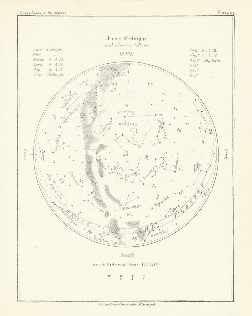 Night Sky Star Chart - June Midnight by Robert Ball. Astronomy 1892 old map