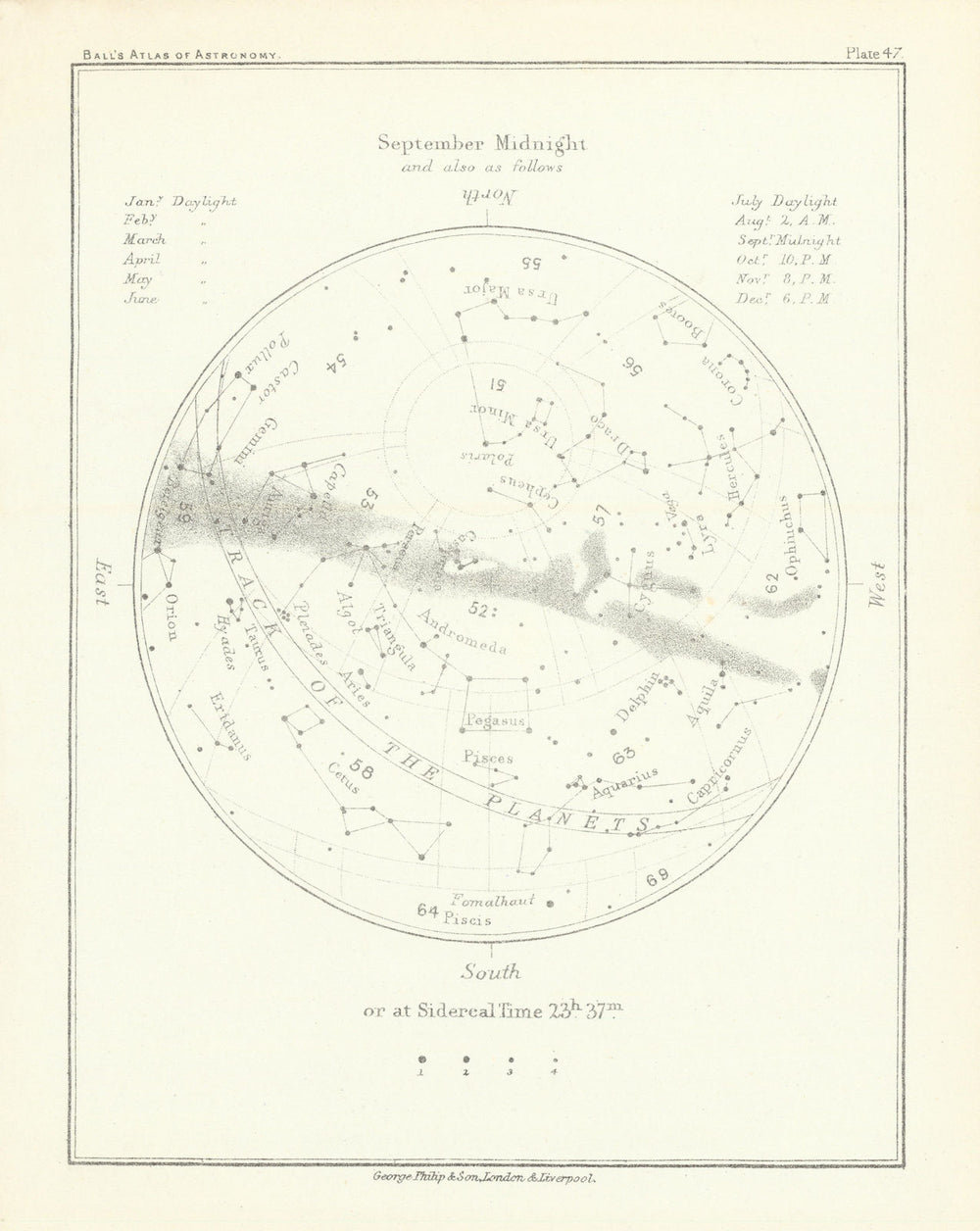 Night Sky Star Chart - September Midnight by Robert Ball. Astronomy 1892 map