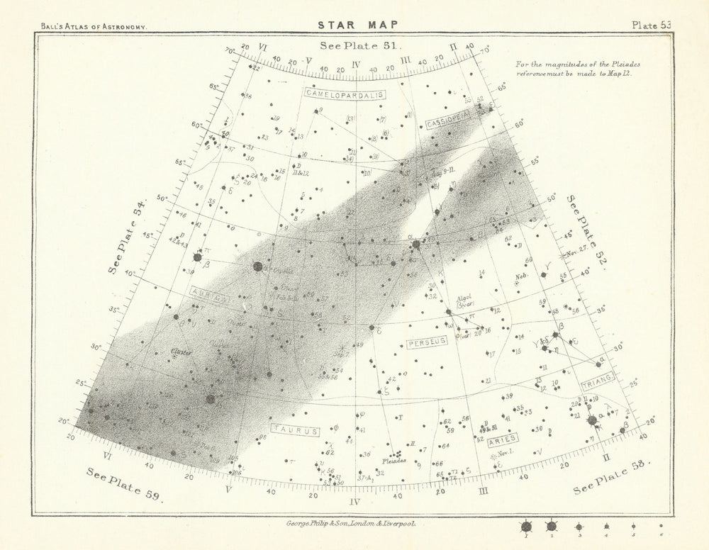 Star map night sky Aries Auriga Cassiopeia Perseus Taurus Triangula 1892
